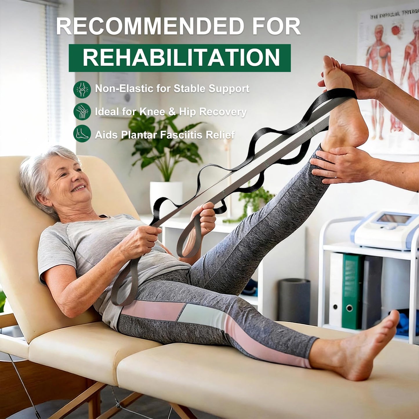 Acozycoo Stretching Strap with 10 Loops – Non-Elastic Yoga Strap for Physical Therapy, Knee Replacement Recovery & Plantar Fasciitis – Leg Stretcher Band for Flexibility & Hamstring Rehab（Black)