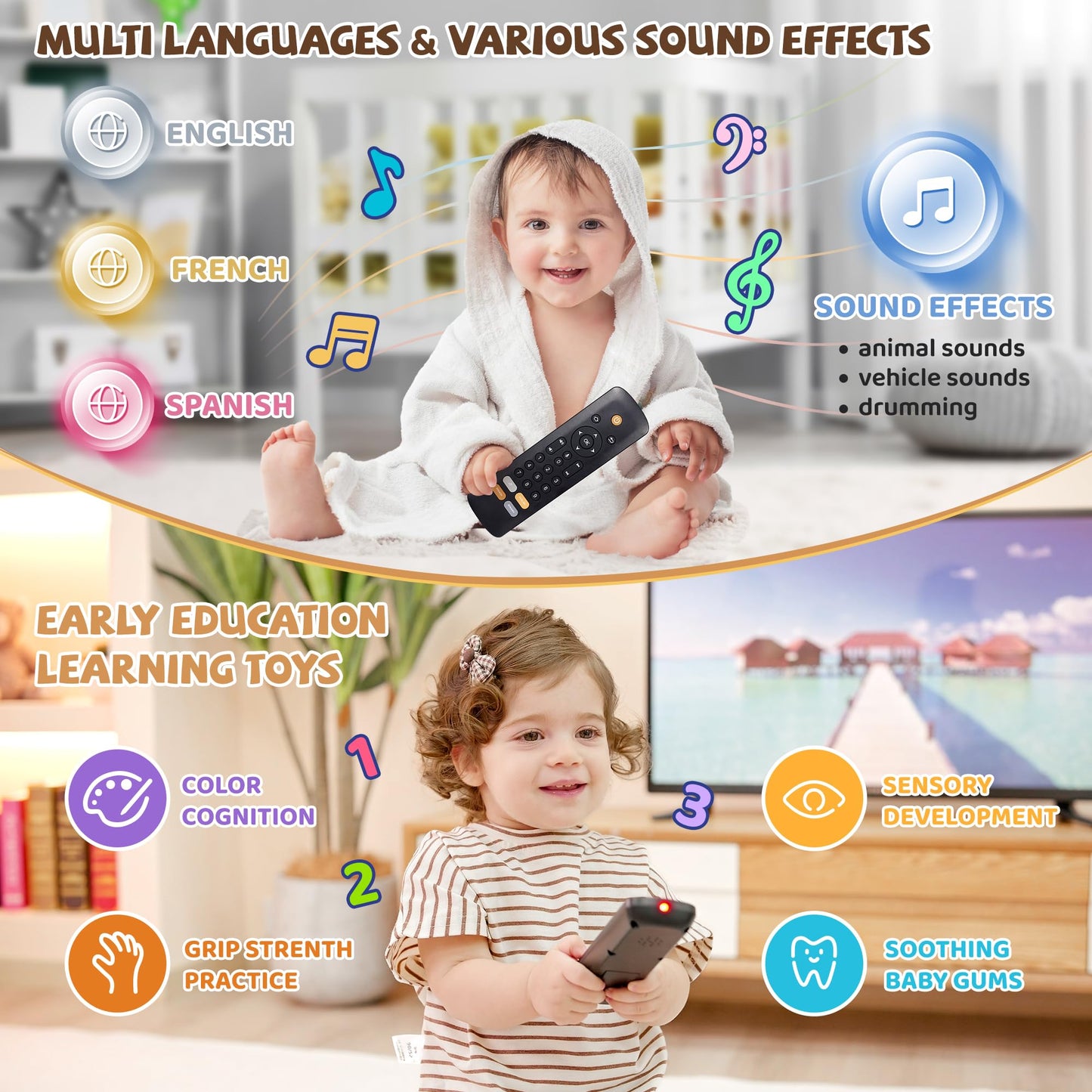 Baby TV Remote Toy - Realistic Play Remote toy with Lights and Sounds, 3 Languages (English, Spanish & French), Learning Musical Toys, Preschool Infant Boys Girls Toys Gift for 1 2 Year Old, Black.