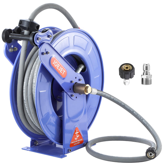 JOEJET Retractable Pressure Washer Hose Reel, 3/8" x 50 FT Power Washer Hose Reel with Hose, Wall/Floor Mounted, 4000 PSI, Blue
