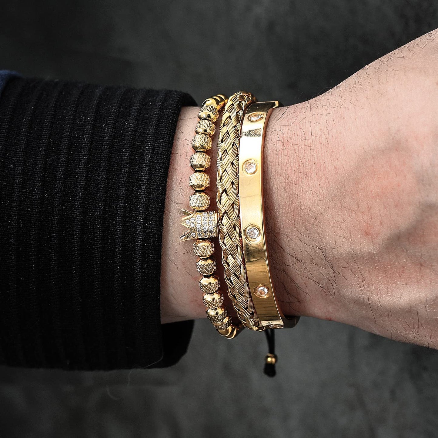 WFYOU 3PCS Stainless Steel Bracelets for Men Gold Roman Numeral Bangle Bracelet Twisted Cable Bracelet Adjustable Cuff Bracelet Mens Luxury Jewelry Bracelets Gifts(CZ Crown Gold)