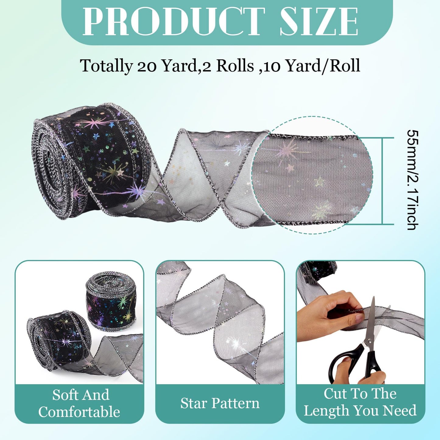 Beadthoven 20 Yards Organza Ribbon Black 2-1/8 inch Iridescent Glitter Star Print Sheer Ribbon Tulle Fabric Mesh Ribbons for Gift Wrapping, Bows, Floral Bouquets, DIY Crafts, Wedding, Party