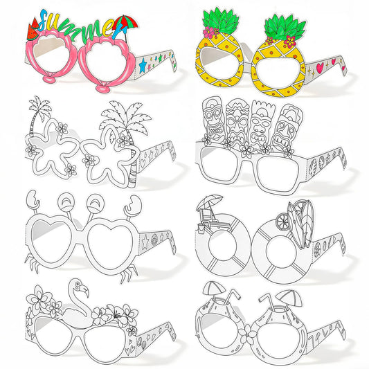 32Pcs Summer Craft Coloring Glasses Bulk - Hawaiian Luau Art Craft Kit- Beach Pool Theme DIY Paper Party Glasses Decor for Teacher Students Classroom Activities Camp Project Party Favors - 8 Designs