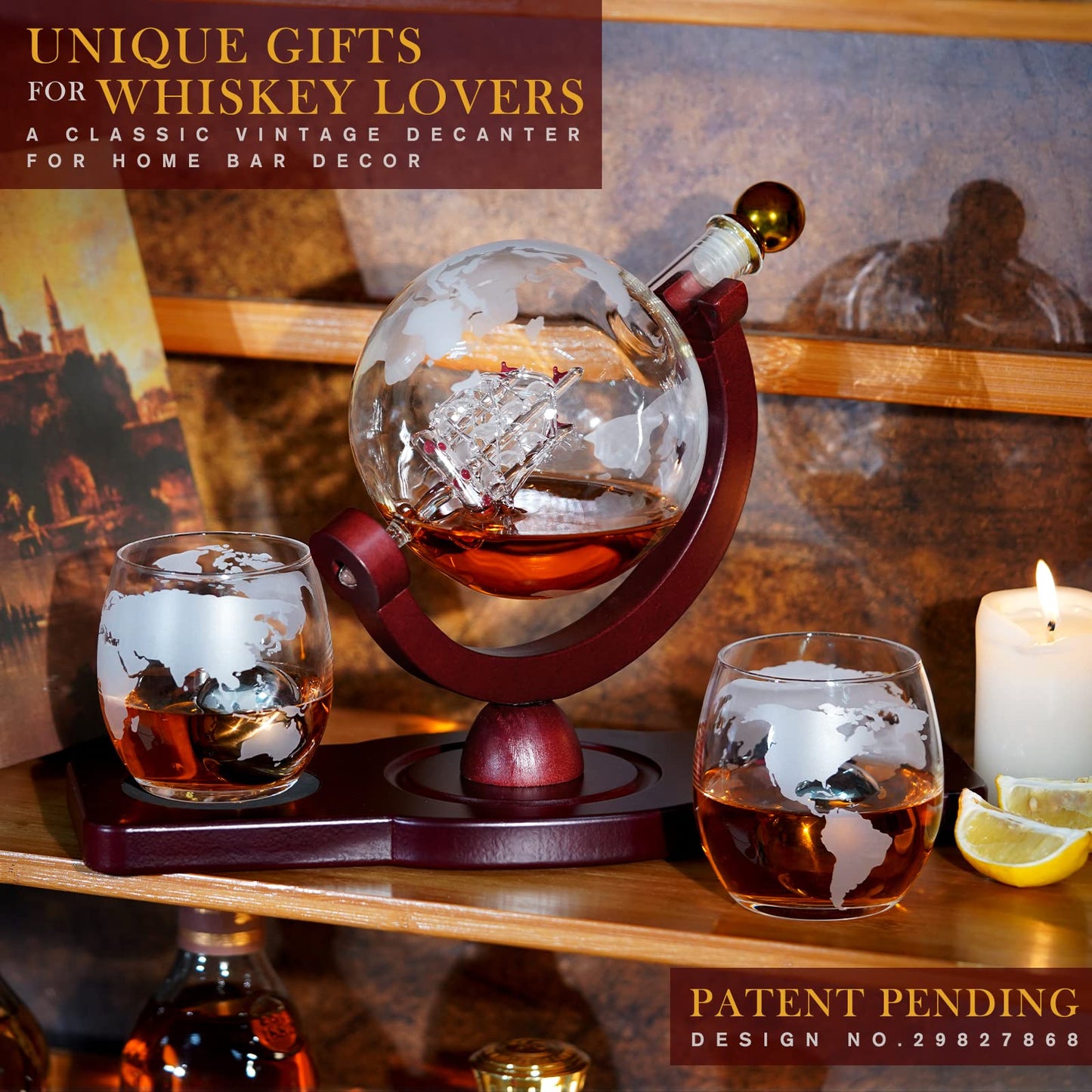 PONPUR Gifts for Men Dad Valentines Day, Whiskey Decanter Globe Set with 2 Ball Stones & 2 Glasses, Anniversary Birthday Gifts for Him Husband Boyfriend Brother, Cool Stuff Gift for Bourbon Scotch