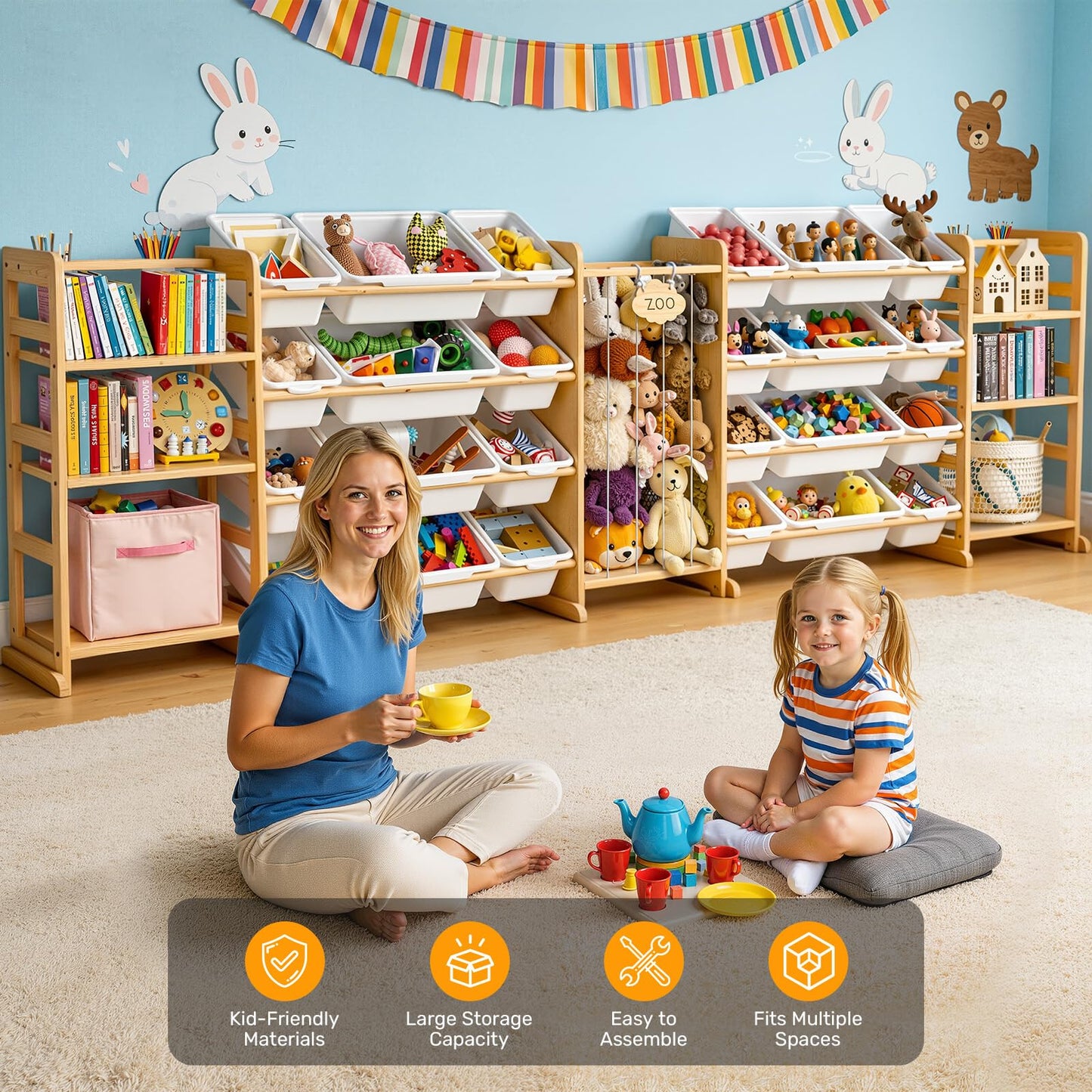 Yazzropt 114" Large Toy Storage Organizer with Bins Shelves & Stuffed Animal Storage for Kids Wood Toddler Playroom Organization with Bookshelf Toys Box Wooden Organizers for Kids Room Nursery Bedroom