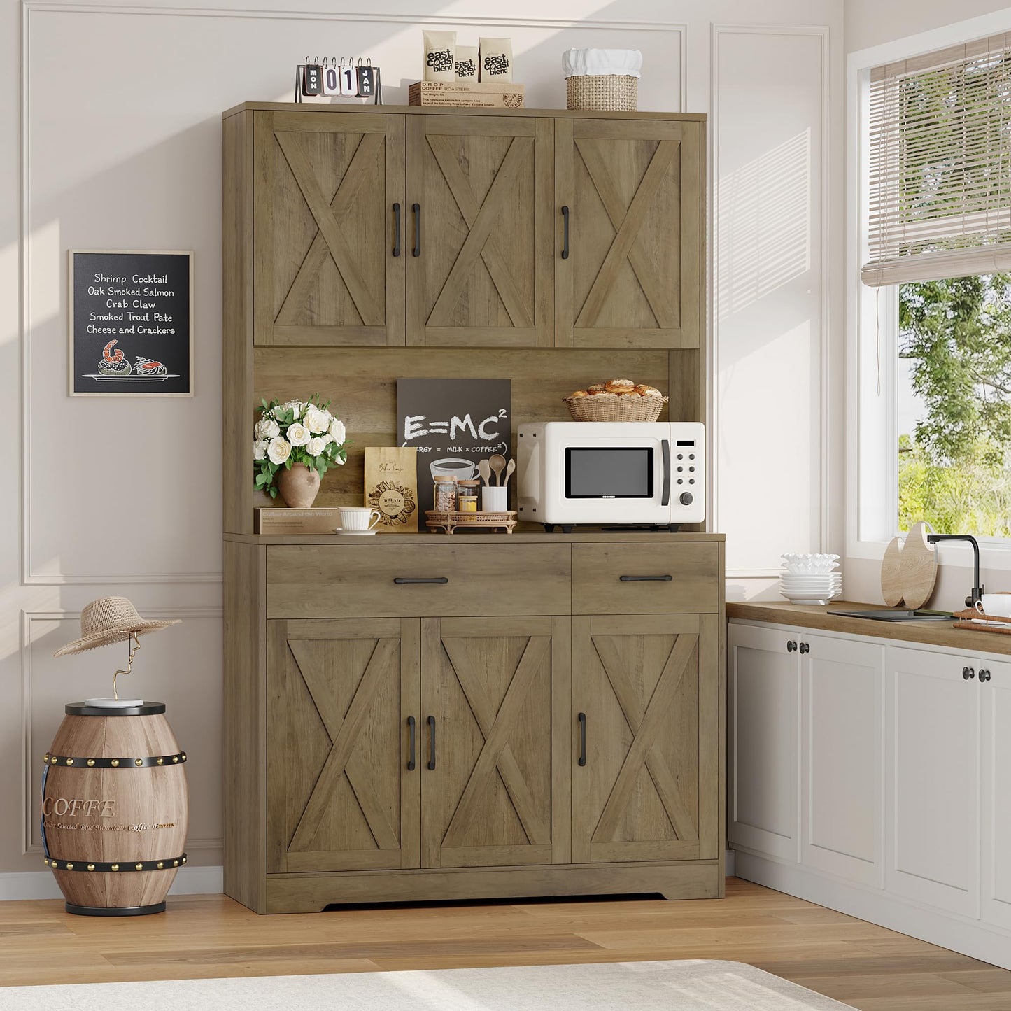 HOSTACK 71" Pantry Cabinet with Charging Station, Tall Kitchen Pantry Storage Cabinet with Microwave Stand, Farmhouse Kitchen Hutch with Storage Drawers for Living Room, Dining Room, Rustic Brown