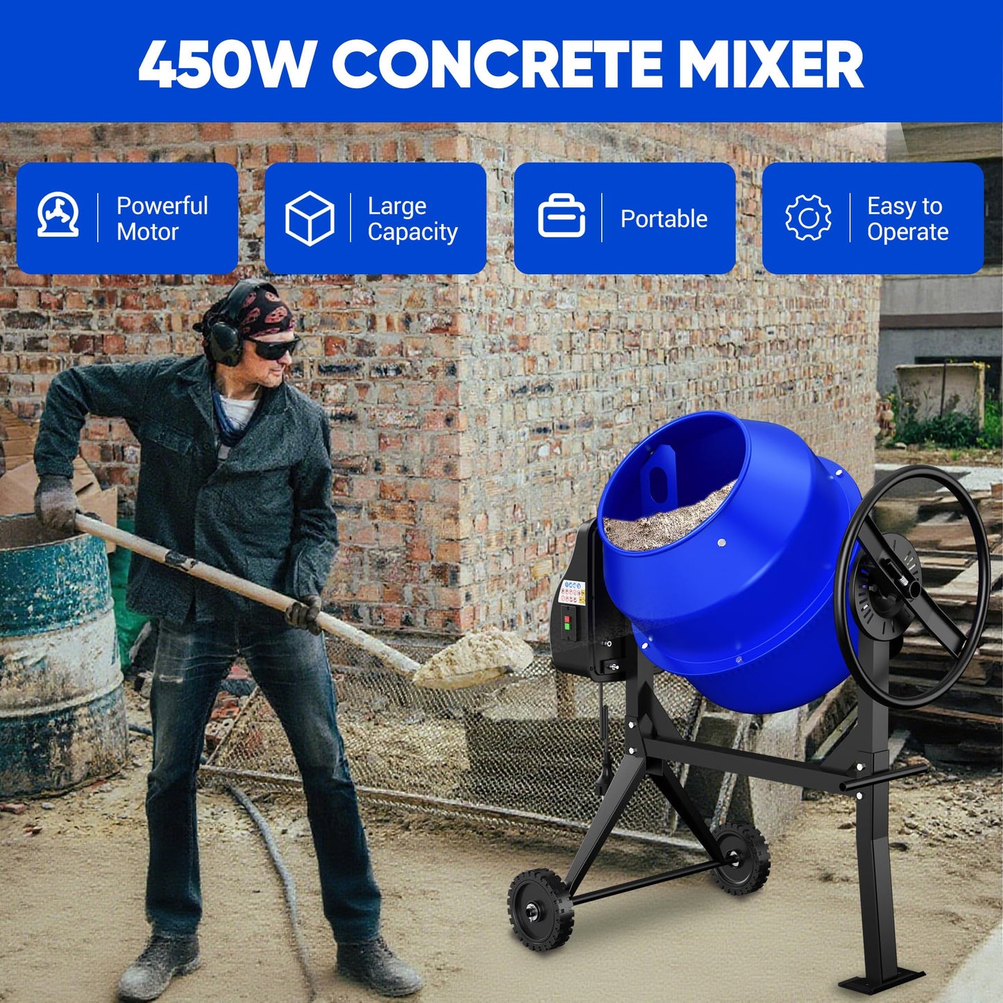 SILVEL 4.3 Cu.Ft. Concrete Mixer Machine, 450W 3/5HP Electric Cement Mixer Machine with Wheel and Stand for Stucco