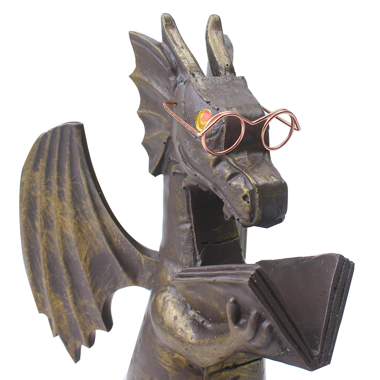 Dragon Reading Book Statue Figurine Sculpture, Wearing Glass Dinosaur Mini Cute Small Creative Ornament for Garden Bookshelf Decorations Adult Shelf Home Landscaping Outdoor Desktop Housewarming