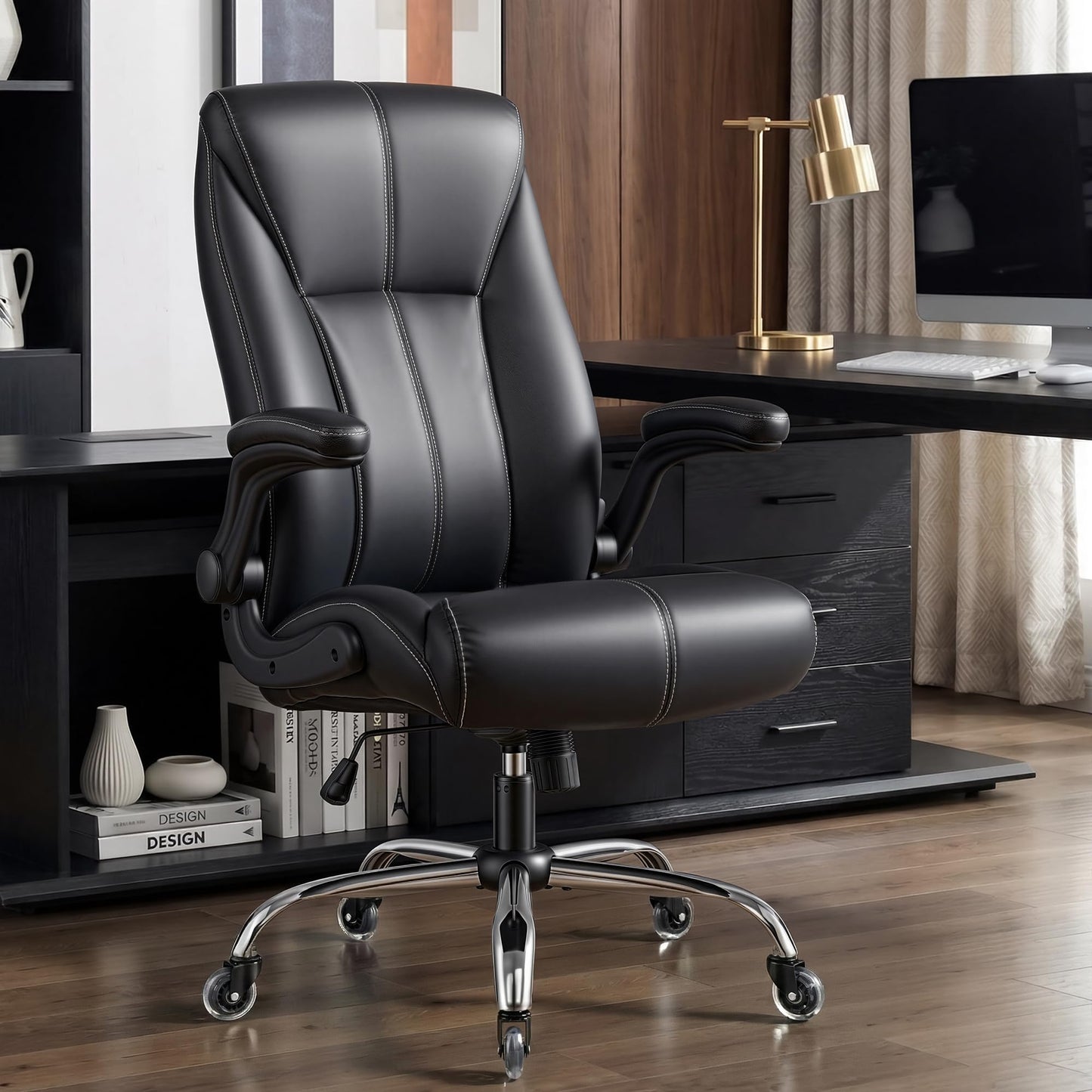 FAMSINGO Big and Tall Office Chair for Heavy People, 500LBS High Back Extra Wide Executive PU Leather Office Chair with Flip-Up Armrests, Quiet Rubber Wheels, Comfortable Home Office Desk Chair