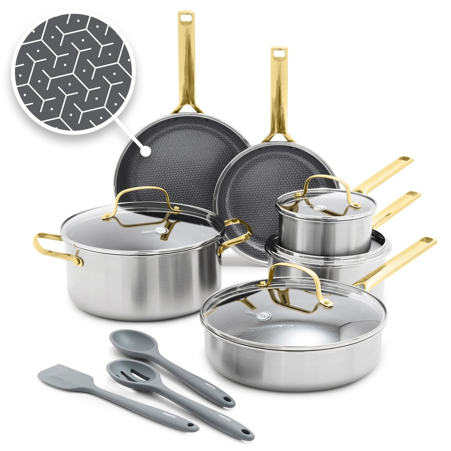GreenPan Hybrid 13 Piece Nonstick Stainless Steel Cookware Set, APEX Tri-Ply Thermobond PFAS-Free Ceramic Pots & Pans, Induction & All Cooktop Compatible, Oven Temp to 850°F, Dishwasher Safe, Gold