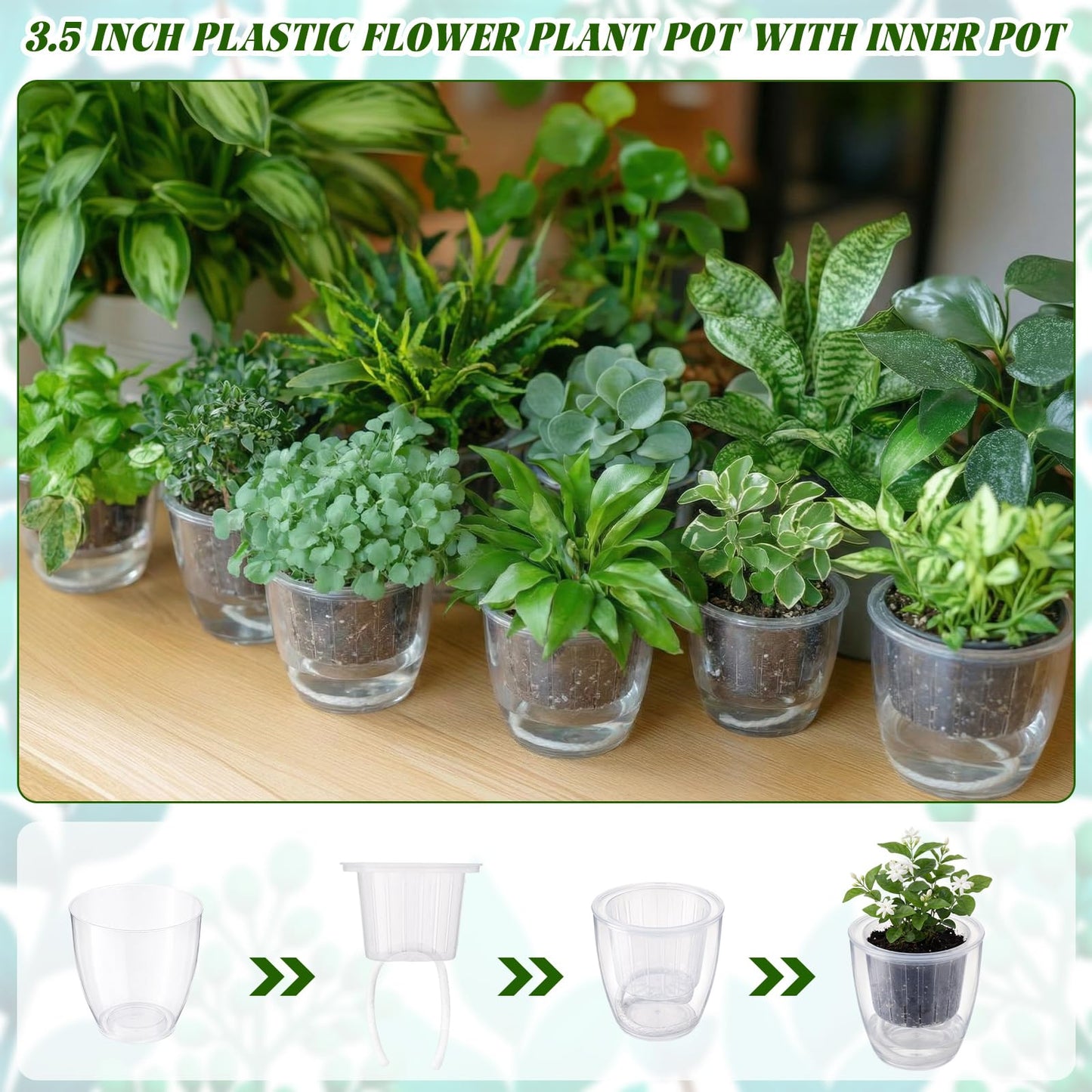 Ferrochef 36 pcs Self Watering Pots, 3.5 Inch Plastic Flower Plant Pot with Inner Pot Self Watering Wick Planter White Clear Flower pots for Indoor House Plants Herbs, Flowers, Succulents