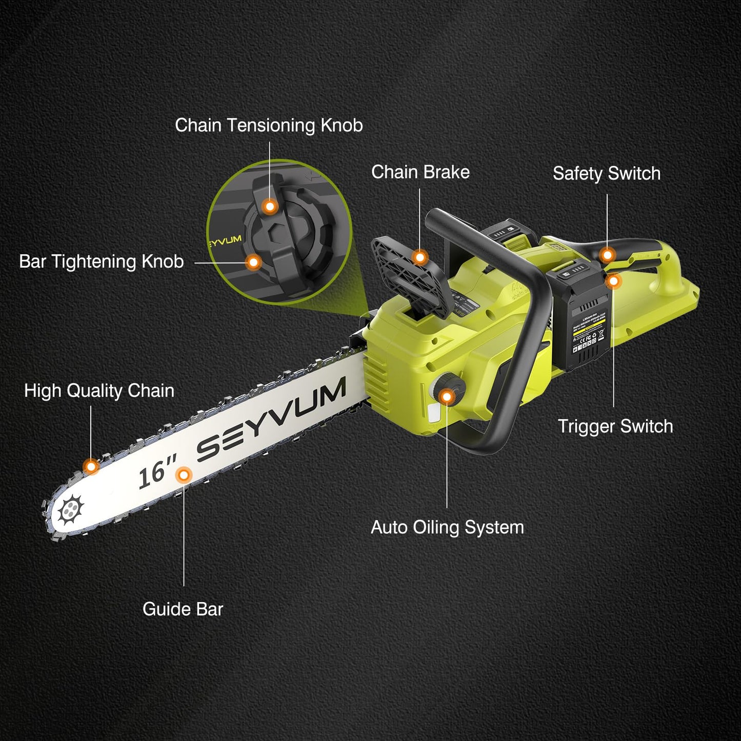 SEYVUM Cordless 40V 16 Inch Chainsaw with 2 x 4.0Ah Batteries, Electric Chain Saw with Tool-free Chain Tension, Auto Oiling, Heavy-Duty for Tree Felling, Firewood Cutting, Pruning