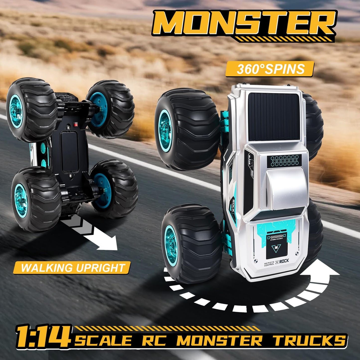 CARRTAN Waterproof Amphibious Remote Control Truck for Kids, Gyroscope Self-Balancing Monster Truck with Wheelie Stunts, LED Lights, All-Terrain RC Car for Boys Girls Ages 6–12, Outdoor Pool Toy Gift
