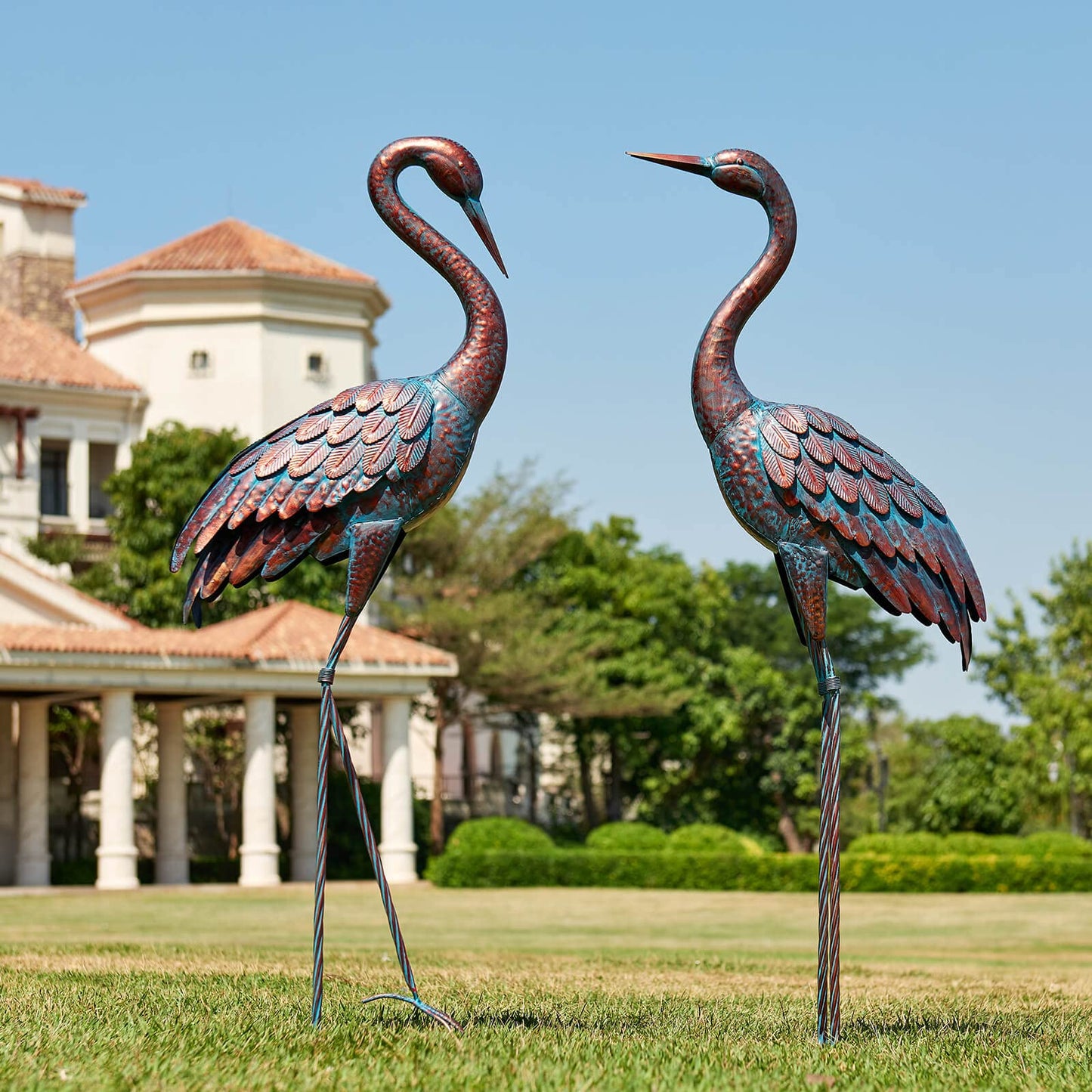 Kircust Garden Crane Statues Patina Heron Decoy, Standing Metal Crane Sculptures Bird Yard Art for Outdoor Decor, 47-48 Inch, Set of 2