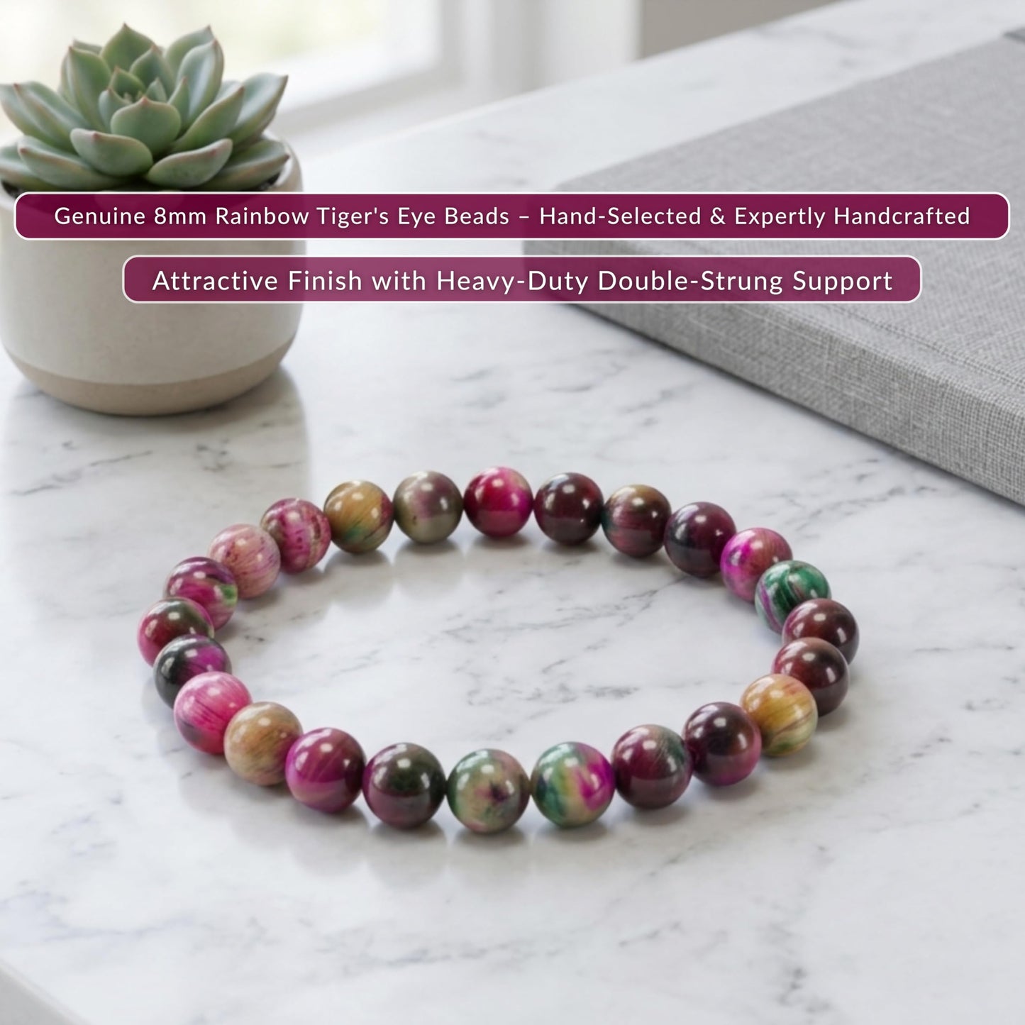 Cherry Tree Collection Rainbow Tiger's Eye Beaded Bracelet – Genuine 8mm Gemstone Stretch Bracelet for Men & Women – Handmade Crystal Bracelet - (Rainbow Tiger's Eye - S)