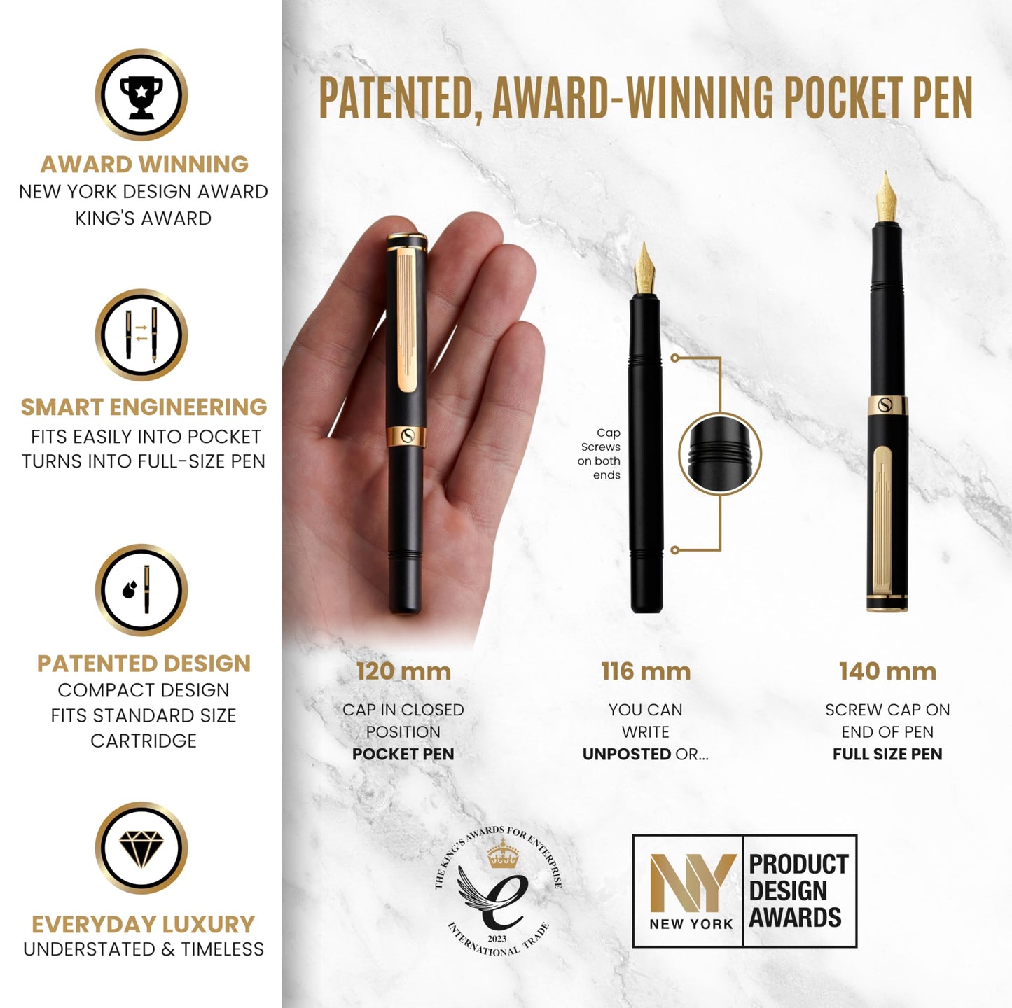 Scriveiner Luxury EDC Fountain Pen (Fine), Stunning Black Pocket Pen with Real Gold Finish, Schmidt Gilded Nib, Ink Converter, Best Writing Gift Set for Men & Women, Nice Fancy Office Designer Gift