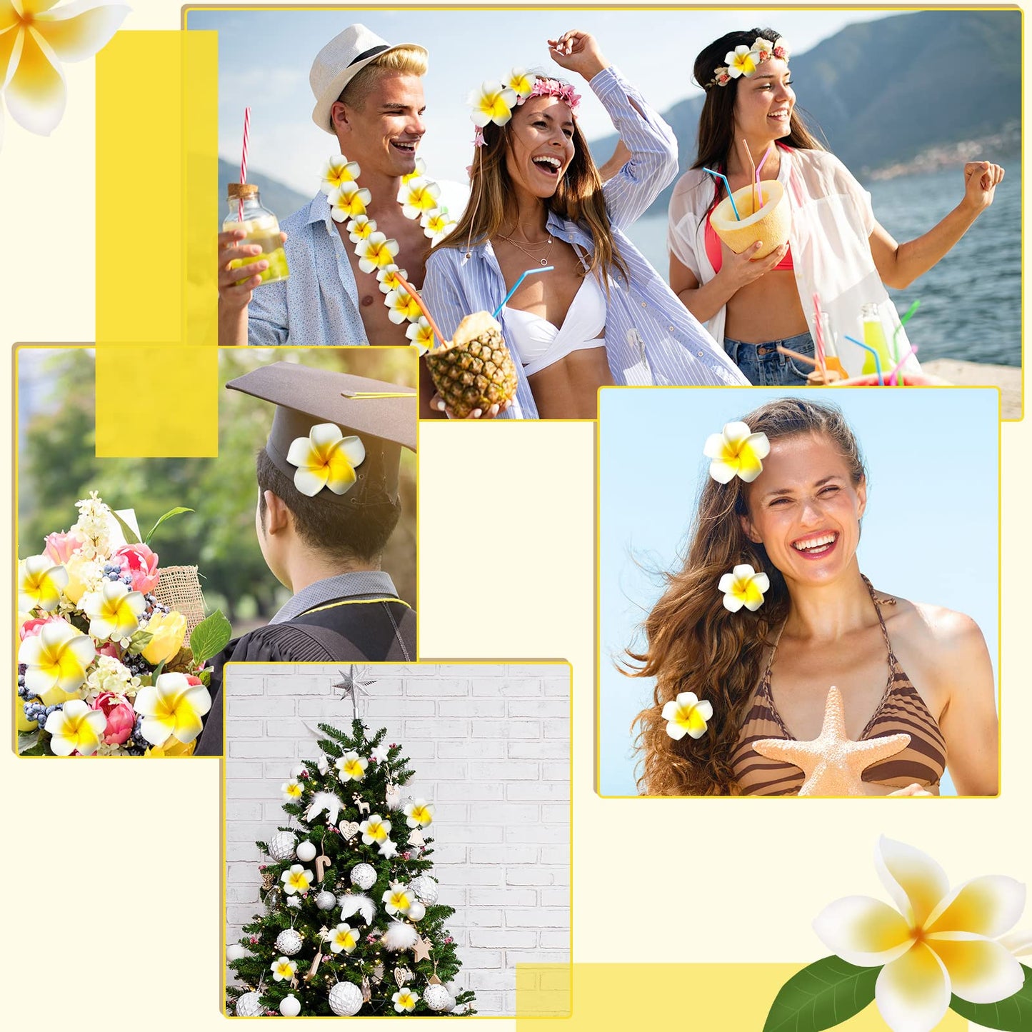 Crowye 160 Pcs Artificial Plumeria Flower Hawaiian White Foam Frangipani Petals Cap Hair Hat Wreath Floral DIY Craft for Home Beach Wedding Party Decoration (1.6 Inch,2.4 Inch,3.2 Inch)