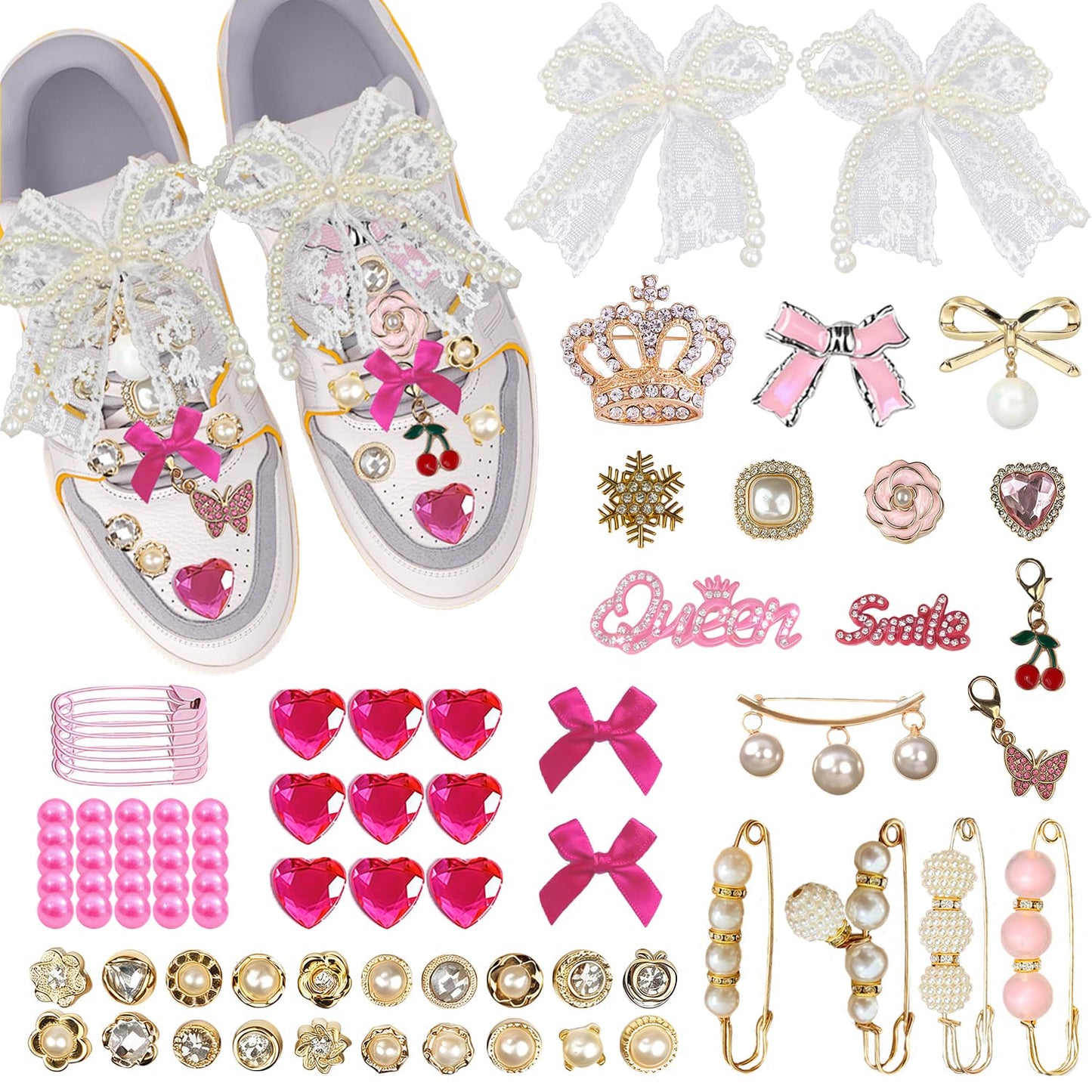 Molirex 80 Pcs Shoe Charms for Sneakers Women Junk Socks Charms Kit with Pearl Shoelace Gold Brooches and Pins, Rhinestone Pink Bows Charm Set