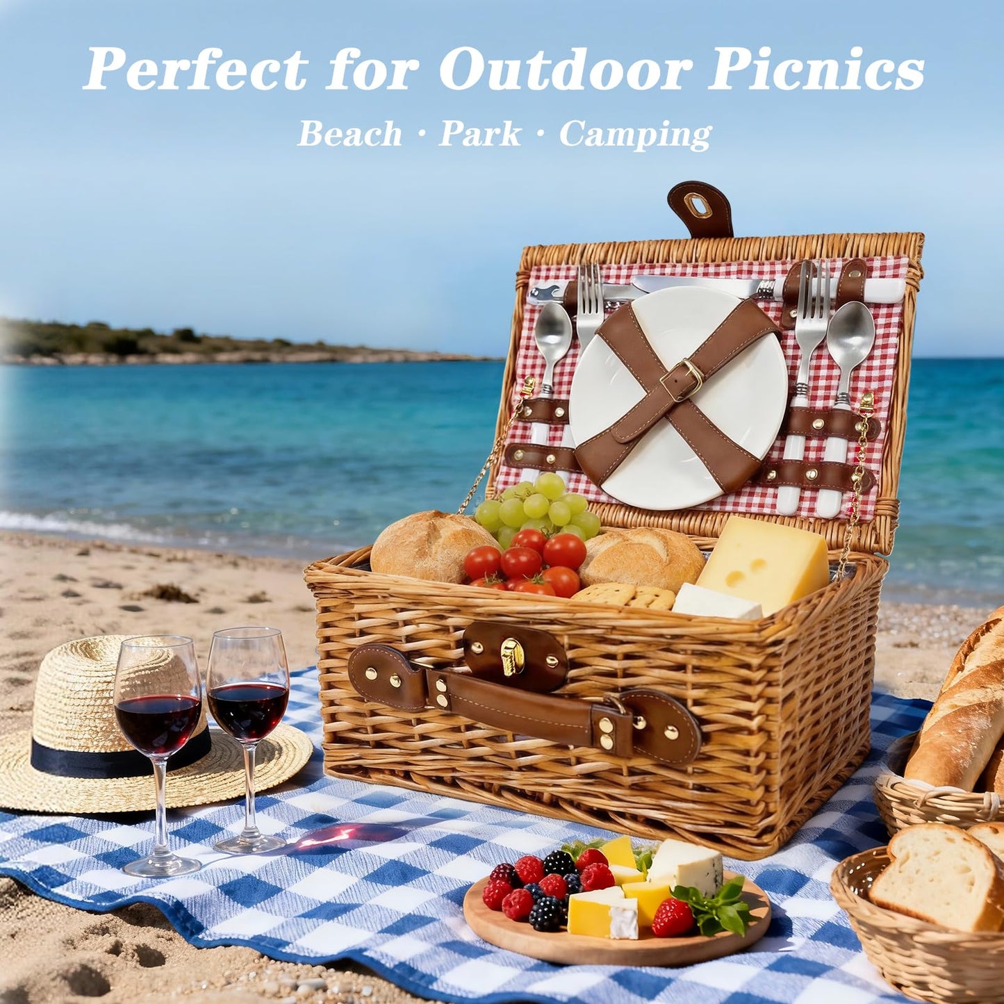 Picnic Basket for 2 - Picnic Basket with Cutlery Kit and Glasses, Insulated Picnic Set with Waterproof Liner, Portable Wicker Picnic Baskets with Lid and Handle for Outdoor, Picnic, Camping, Holidays