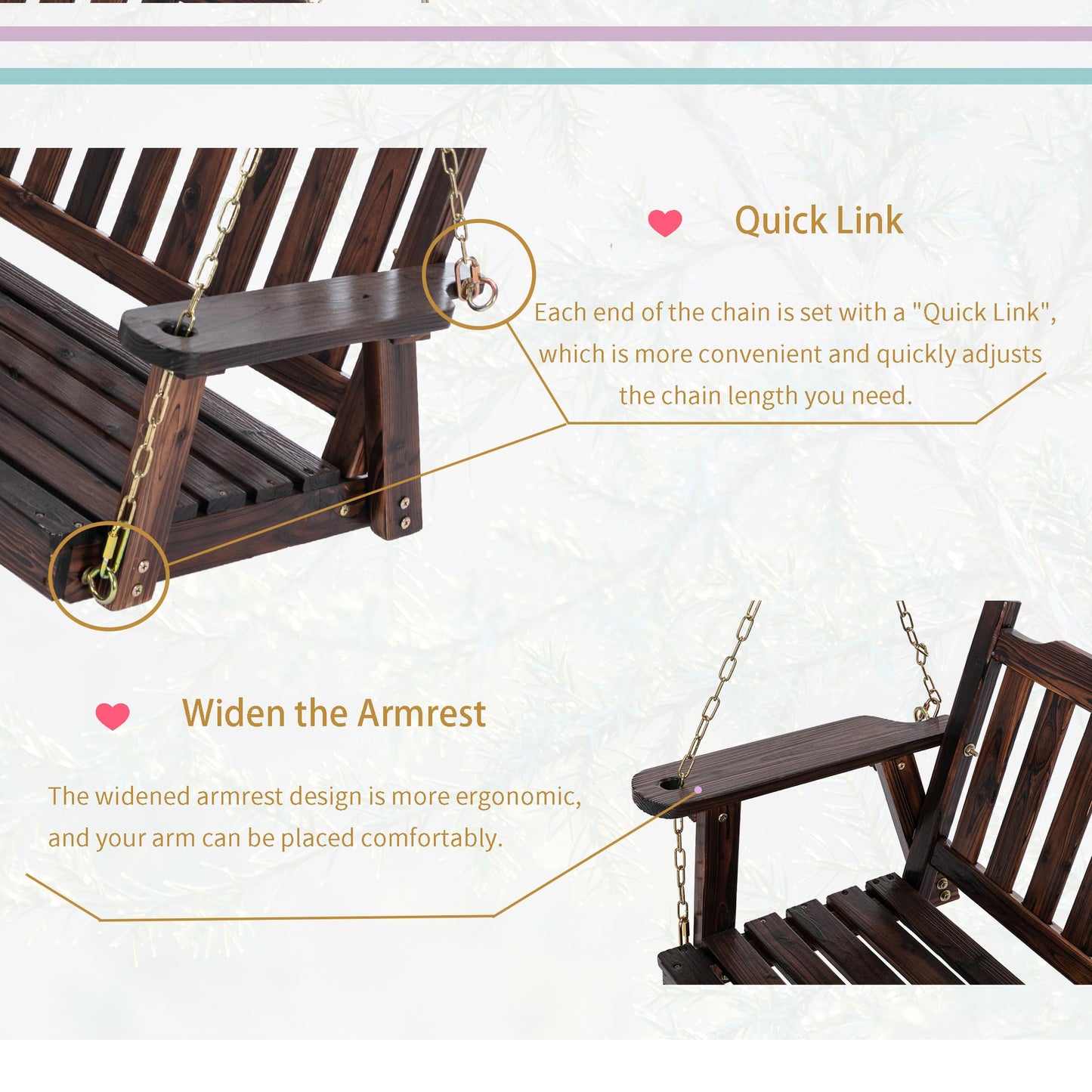 Anraja Wooden Porch Swing 2-Seater Bench Swing with Hanging Chains Heavy Duty 800 LBS for Outdoor Patio Garden Yard, Large 4 Ft, Dark Brown