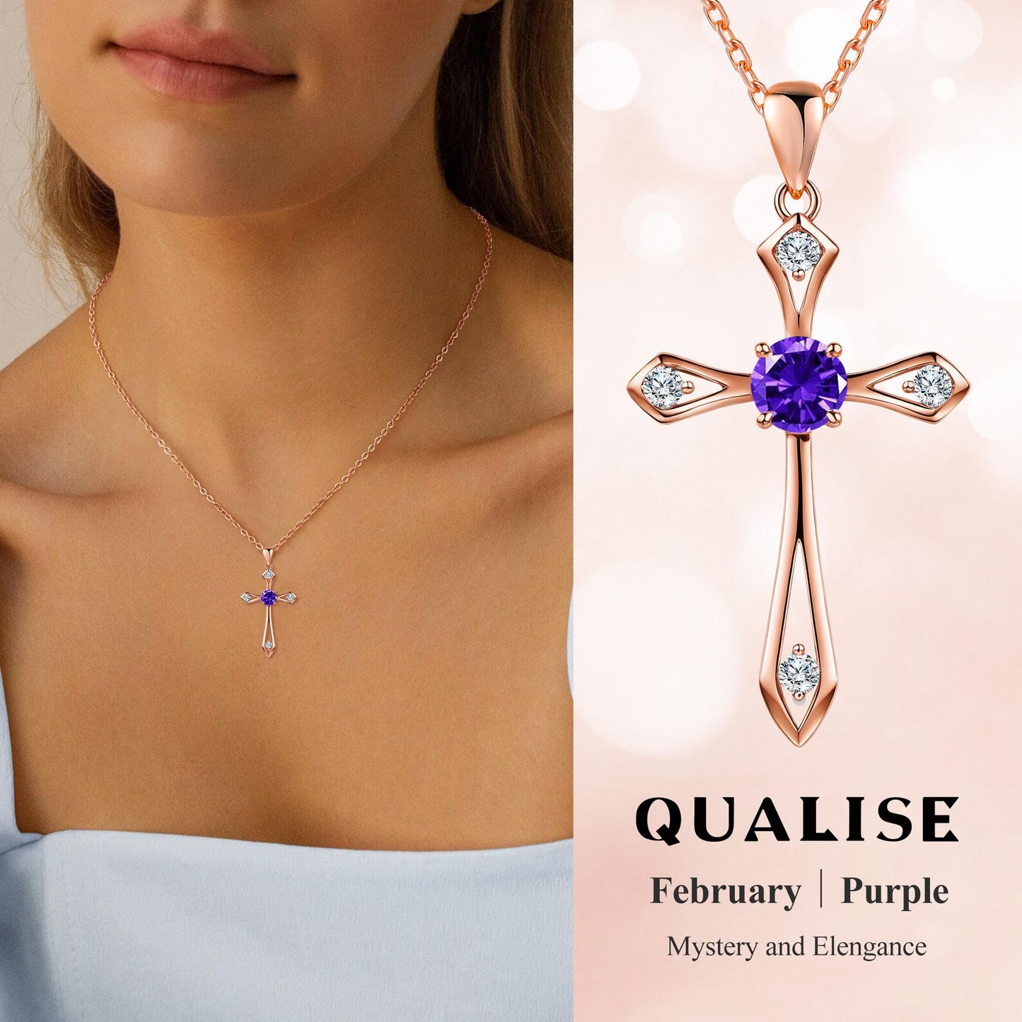 QUALISE Cross Necklace for Women,925 Sterling Silver Birthstone Necklace,Amethyst-February Birthstone Cross Necklace,Faith Religious Fine Jewelry Valentines Day Gifts Birthday Holiday Gifts for Her