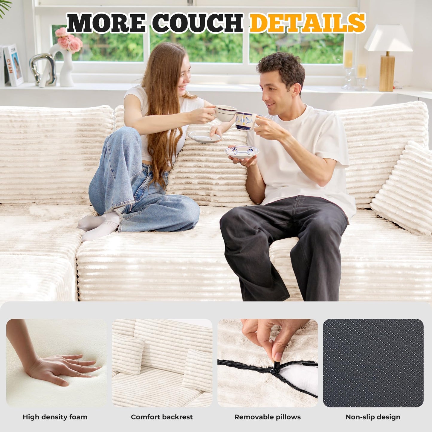 113" Modular Sectional Sofa, Convertible U-Shaped Cloud Couches for Living Room with Ottoman, 5 Seater Corduroy Boneless Couch Sofa Set, No Assembly Required, Beige 1 PCS