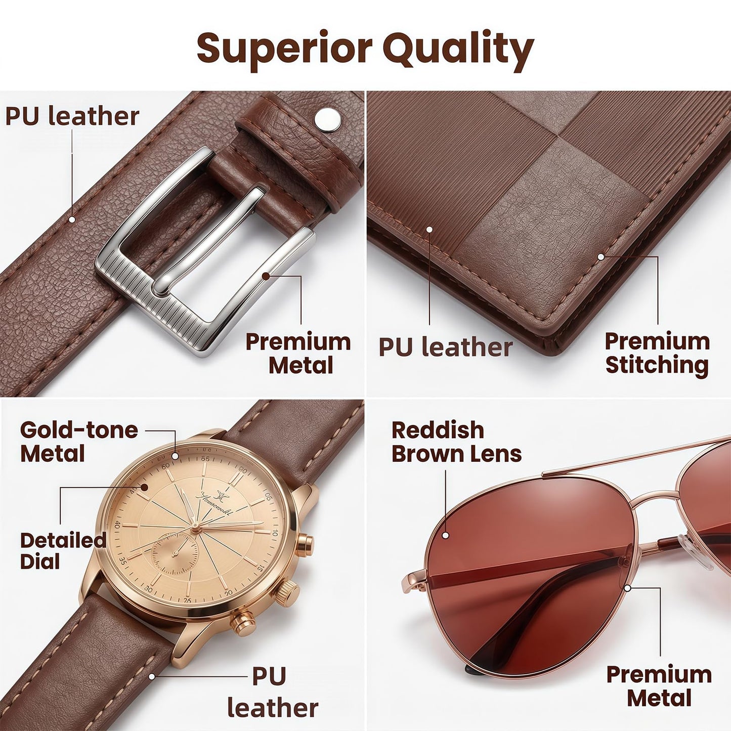 CXLZENGH Premium 6-Piece Men’s Gift Set — Belt, Wallet, Watch, Sunglasses, Keyring and Pen — A luxurious birthday/Christmas gift for dad, husband or boyfriendCoffee Brown