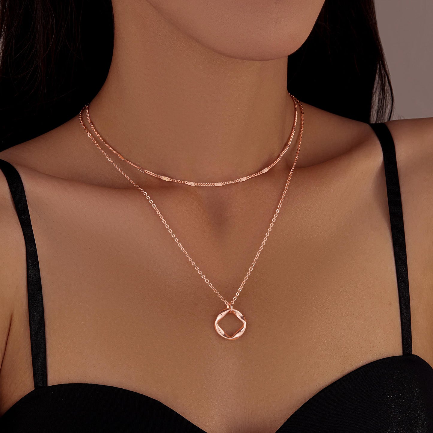 Poxtex Rose Gold Layered Necklaces for Women, Rose Gold Plated Dainty Stackable Choker Necklaces for Women, Trendy Layering Geometric Pendant Paperclip Chain Thin Necklace Jewelry Set Gifts