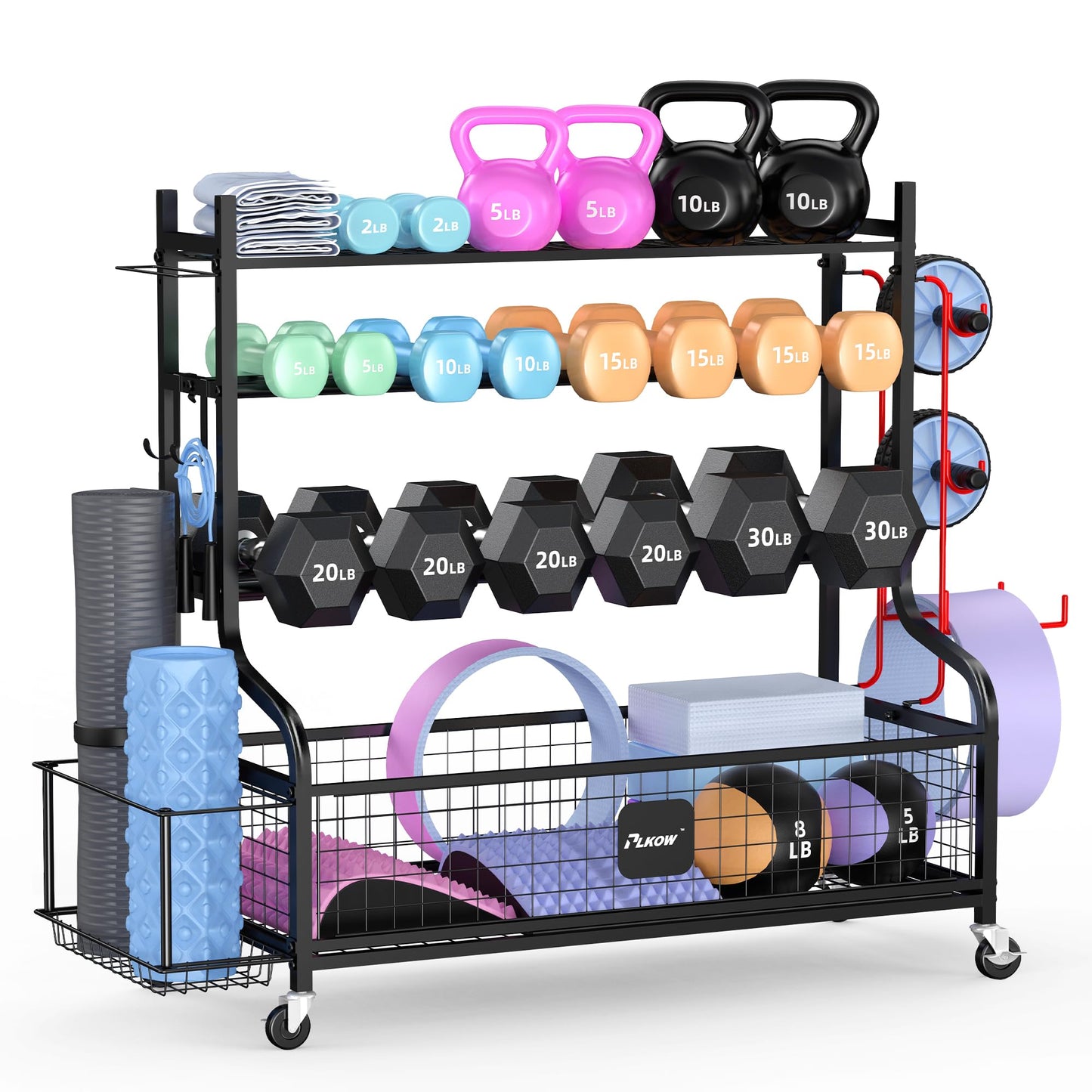 PLKOW Extra Wide Dumbbell Rack, Upgraded Weight Rack for Dumbbells Kettlebells Yoga Mat and Balls, Heavy Duty Home Gym Storage with Wheels and Hooks, Large Capacity Workout Organizer