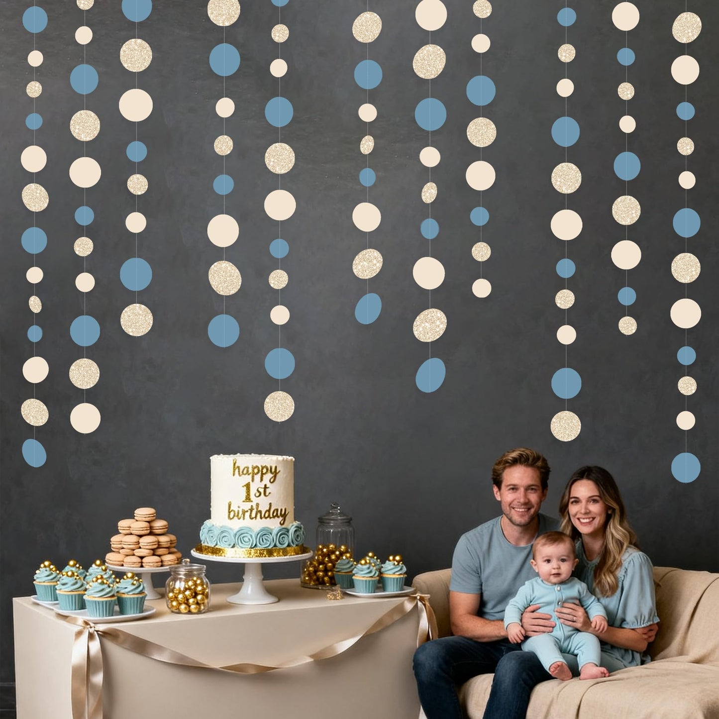 Champagne Gold Dusty Blue Beige Circle Dot Garland Hanging Paper Polka Dot Streamer for Men Boy Birthday Baby Shower Wedding Bridal Shower Retirement Engagement Bachelorette Party Decorations Supplies