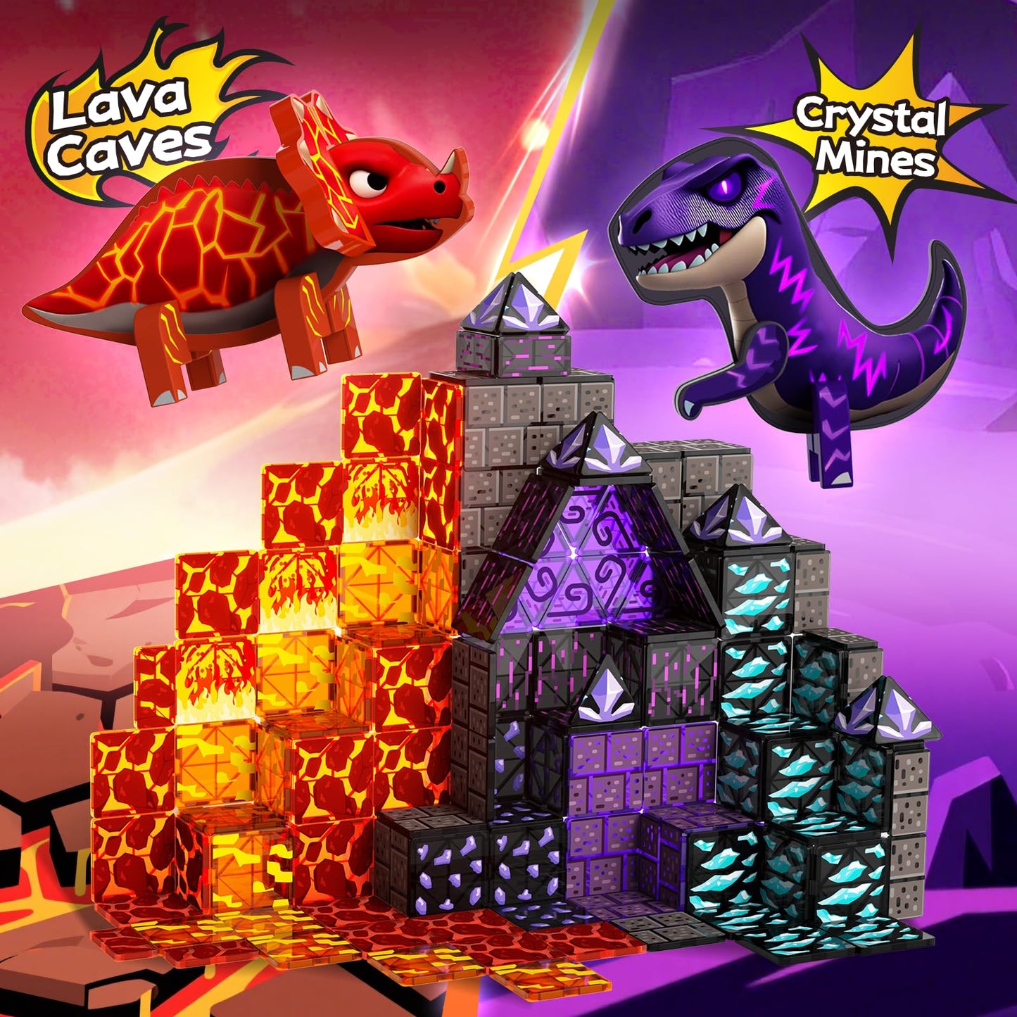 GobiDex Dinosaur Toys Magnetic Tiles Lava Cave Dinosaur World Set - Magnetic Building Blocks for Kids 3-5 5-7 Girls Boys Toys Age 4-6 6-8, STEM Sensory Toddler Birthday Gifts for 3+ Year Old Kids Toy