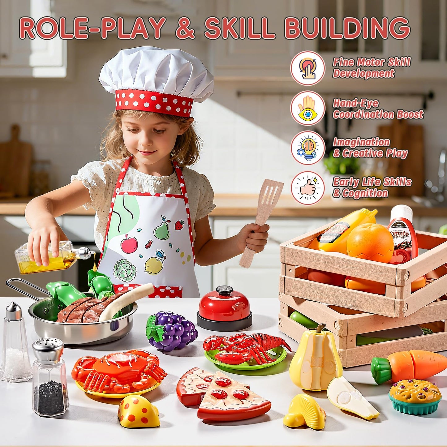 Play Kitchen Accessories, Large Stainless Steel Toddler Cooking Set, Kids Kitchen Playset with Cutting Play Food, Condiments, Chef Apron & Hat, Service Bell, Toy Food with 2 Baskets, Boys Girls Gifts.