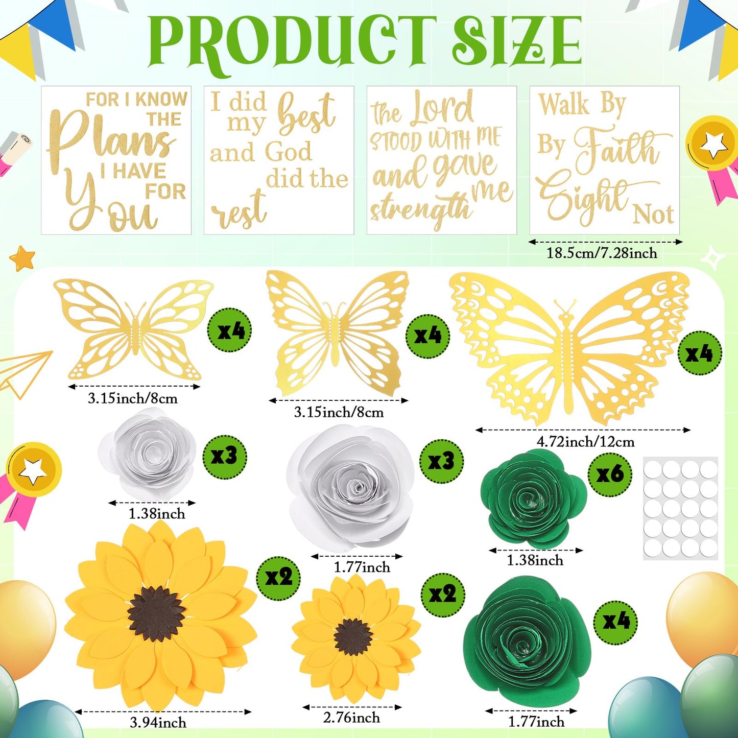 Suncalla Green DIY Graduation Cap Decorations Kit, 20 Pcs Roses Sunflower Flower Heads 4 Inspirational Quote Glitter Stickers 12 3D Butterfly Grad Cap Topper for Cake Photo Art DIY Grad Party Supplies