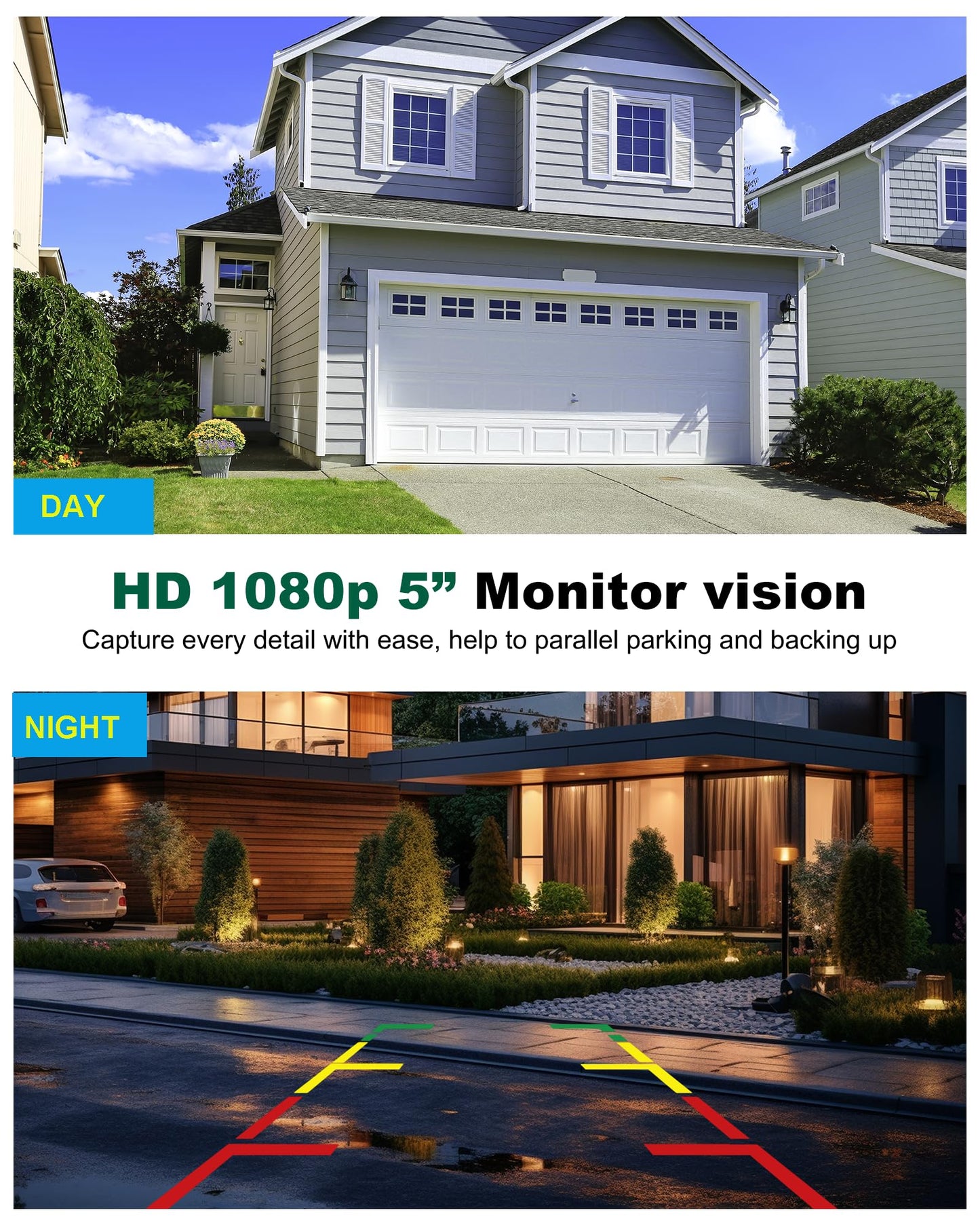 Ecoyoca Solar Wireless Backup Camera 5'' HD Split-Screen Monitor Reversing Camera Stable Signal Dual Channel Back Up Kit Easy Installation Night Vision Waterproof Reverse Camera for Car RV Van SUV
