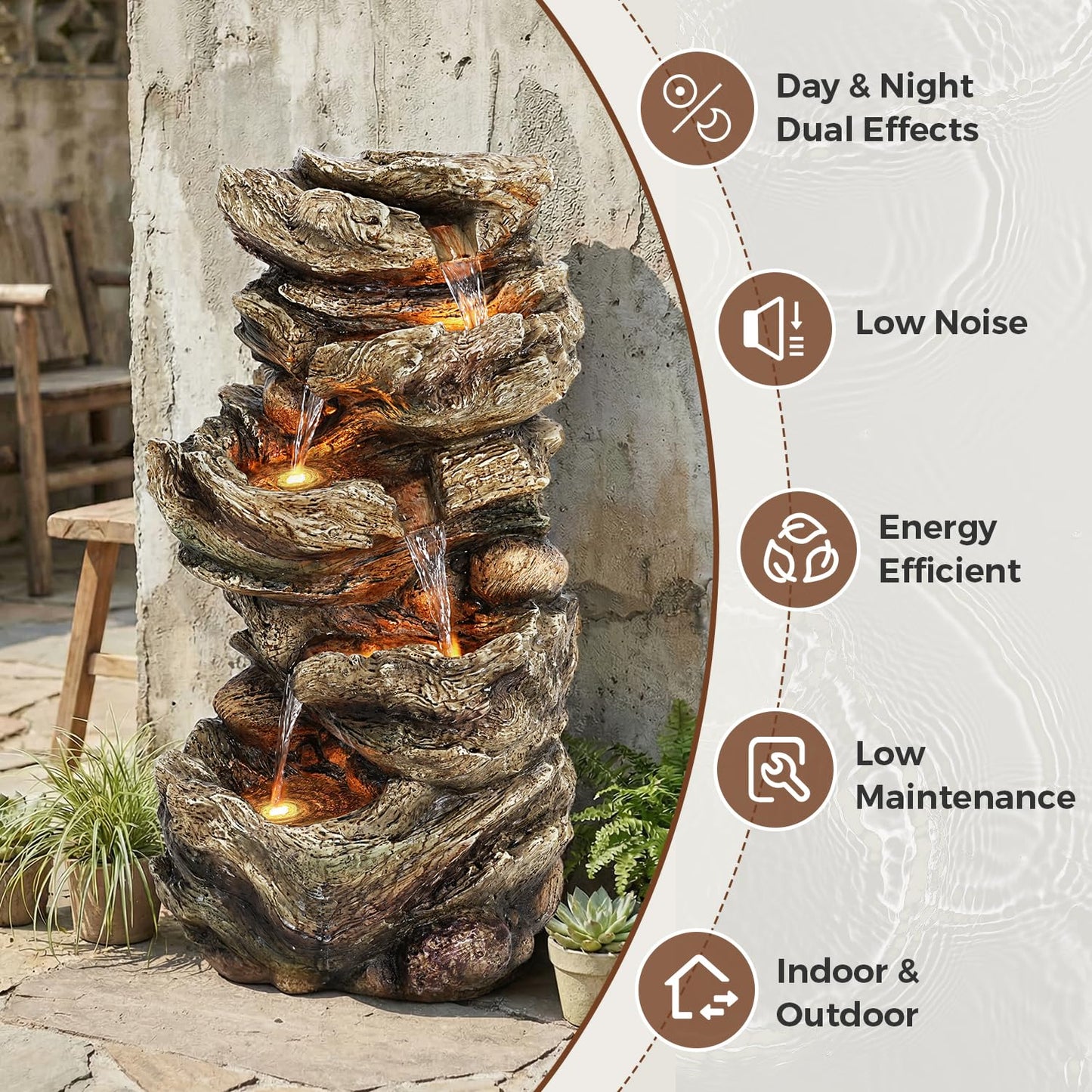 Jocoevol 32" High Outdoor Water Fountain, 5-Tiers Cascading Rock Waterfall Fountain with LED Lights for Garden, Patio, Yard Decor, Soothing Tranquility for Any Outdoor Living Space