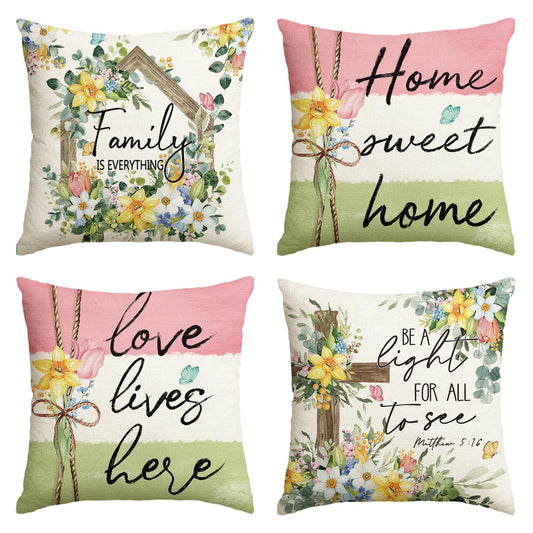 AVOIN colorlife Spring Home Sweet Home Family is Everything Floral Throw Pillow Covers, 18 x 18 Inch Cross Flowers Cushion Case Decoration for Sofa Couch Living Room Decor Set of 4