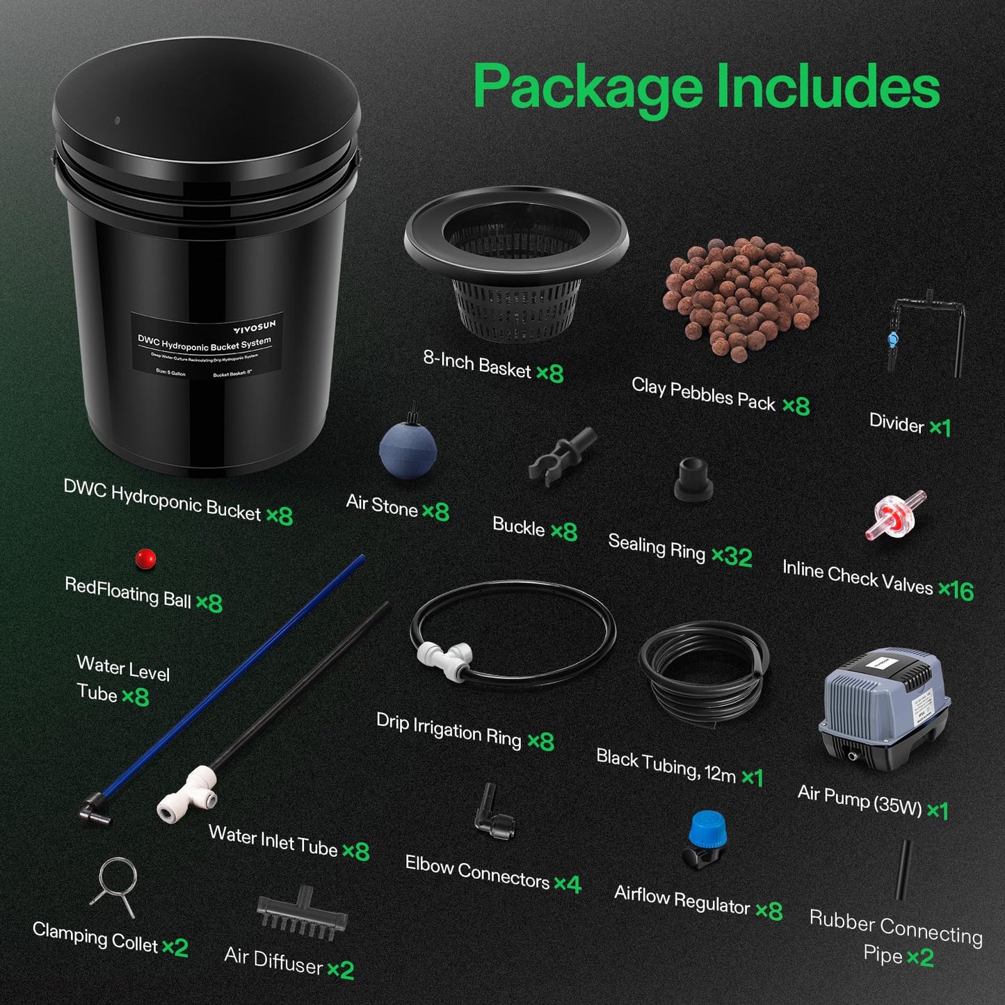 VIVOSUN DWC Hydroponics Grow System with Top Drip Kit, 5-Gallon Deep Water Culture, Recirculating Drip Garden System with Multi-Purpose Air Hose, Air Pump, and Air Stone (8 Buckets + Top Drip Kit)