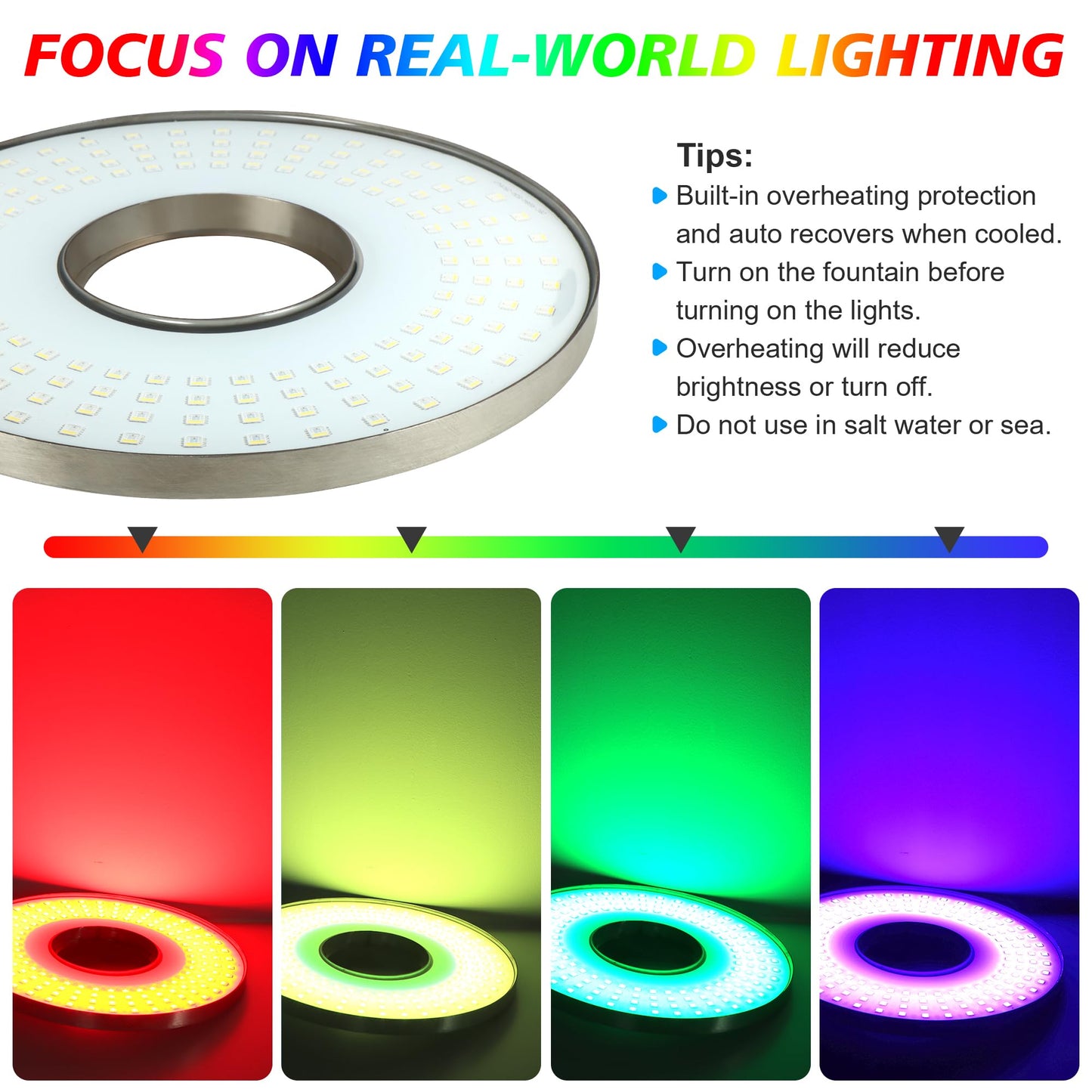 Goldlife Pond Fountain Aerator Lights, 200W RGBW 20000LM 160LED Fountain Light With 100FT Power Cord, IP68 Waterproof Stainless Steel Wireless Sync Control Floating Fountains Pump Light for Lake Ponds