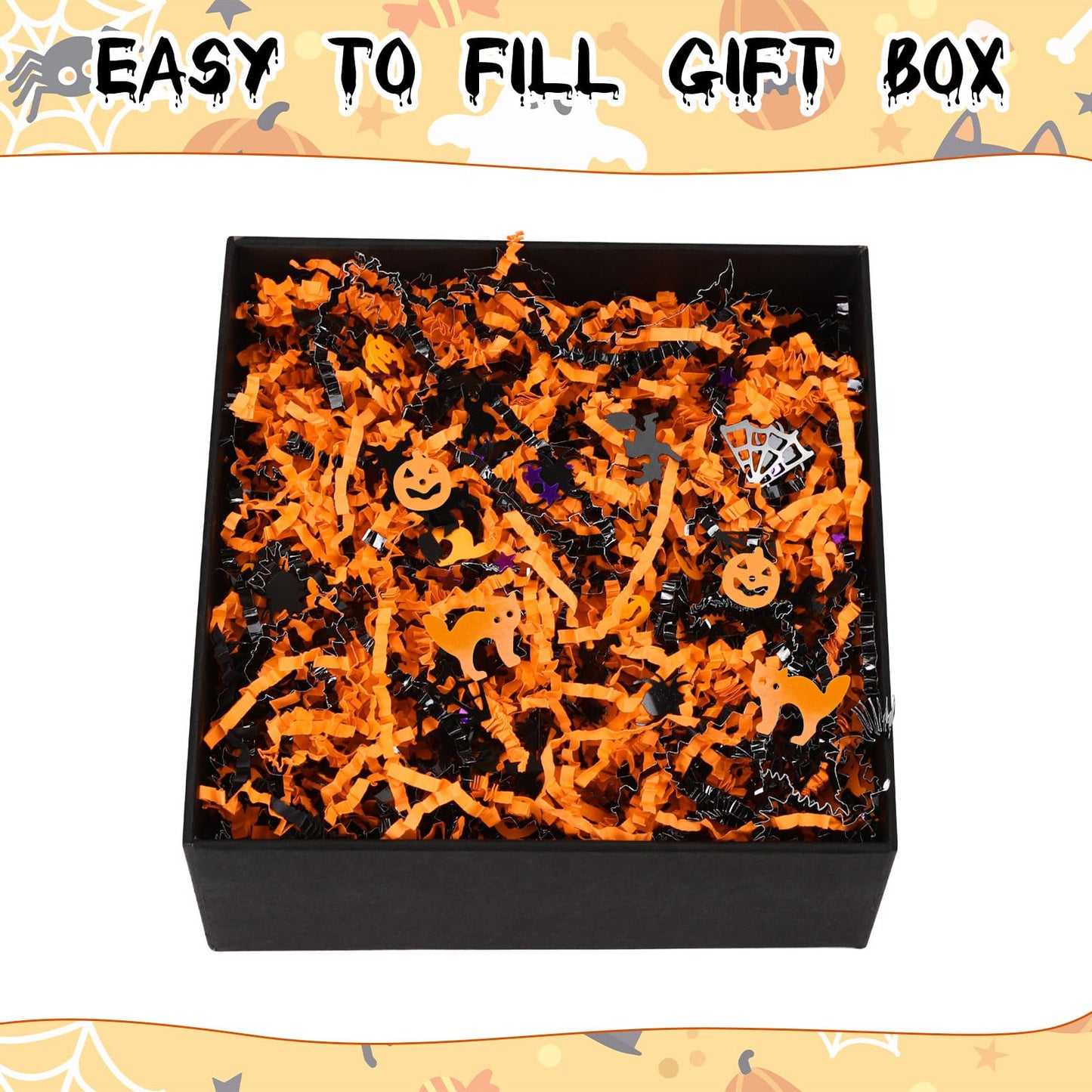 Jansun Halloween Black Orange Crinkle Cut Paper, 453g/16oz Shred Filler with Pumpkin Spider Bat Witch Confetti for Gift Wrapping Craft DIY Basket Filling Trick or Treat Candy Decorations