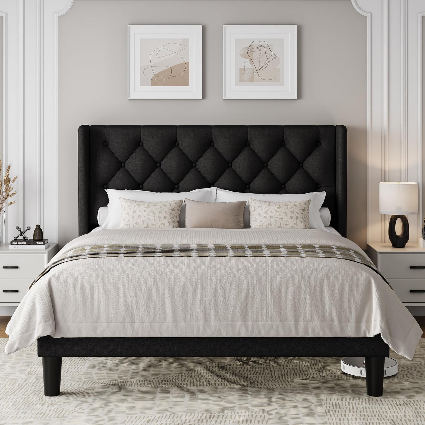 Einhomn Black Queen Size Platform Bed Frame with Fabric Upholstered Wingback Headboard, 12" Under Bed Space, Wooden & Metal Slats Support, No Box Spring Needed