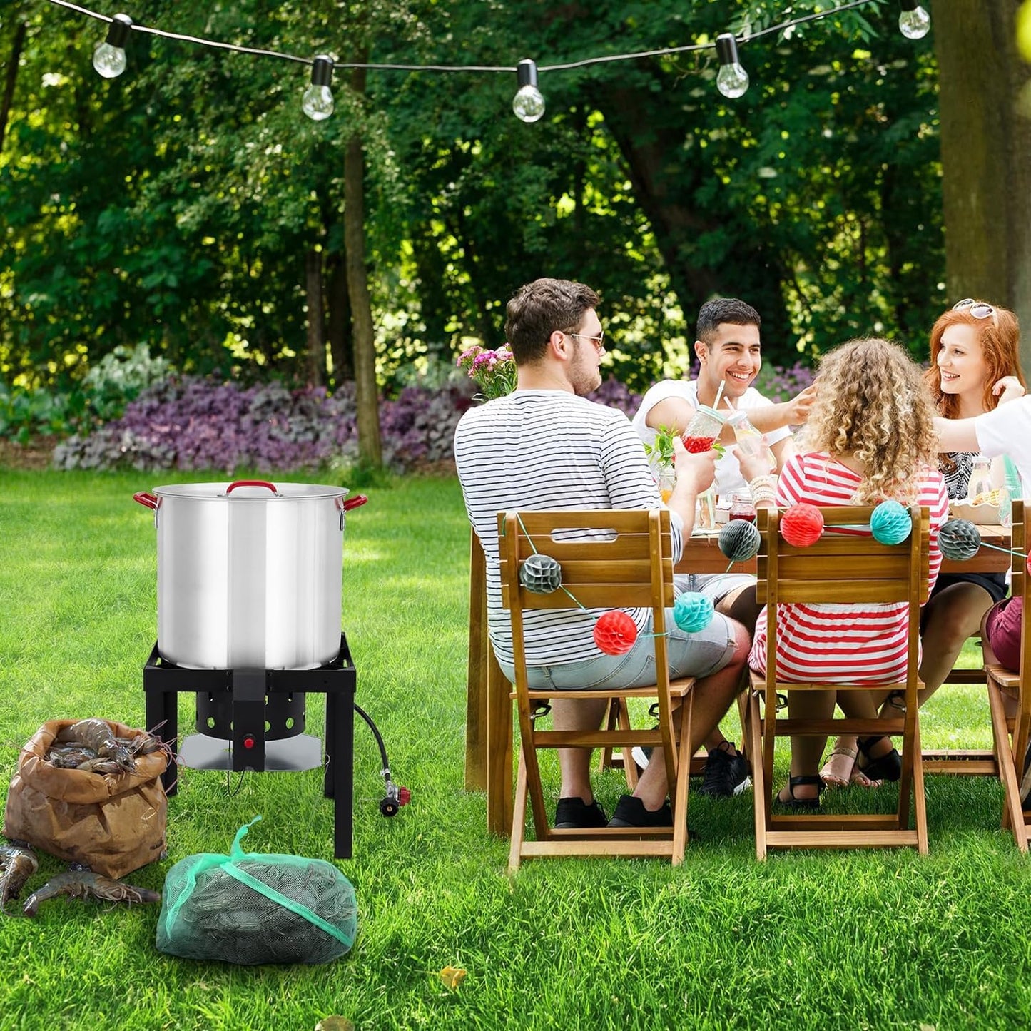Garvee Crawfish Boiler with Steam/Boil Basket & Strainer, 110000BTU Propane Jet Burner with Support Rack & Lifting Hook, 0-10 PSI Regulator, Outdoor 80 Qt Seafood Boil Pot for Cooking Shrimp and Crab