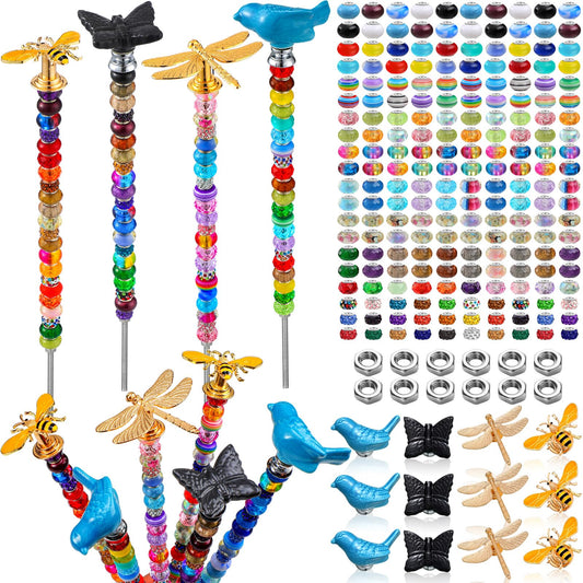 Tigeen 236 Pcs Garden Stake DIY Fairy Wand Plant Stake with 12 Colorful Crystal Stopper Top 12 Threaded Rod with 200 Large Hole Bead for Spring Summer Holiday Outdoor Decorations(Dragonfly Bird Bee)