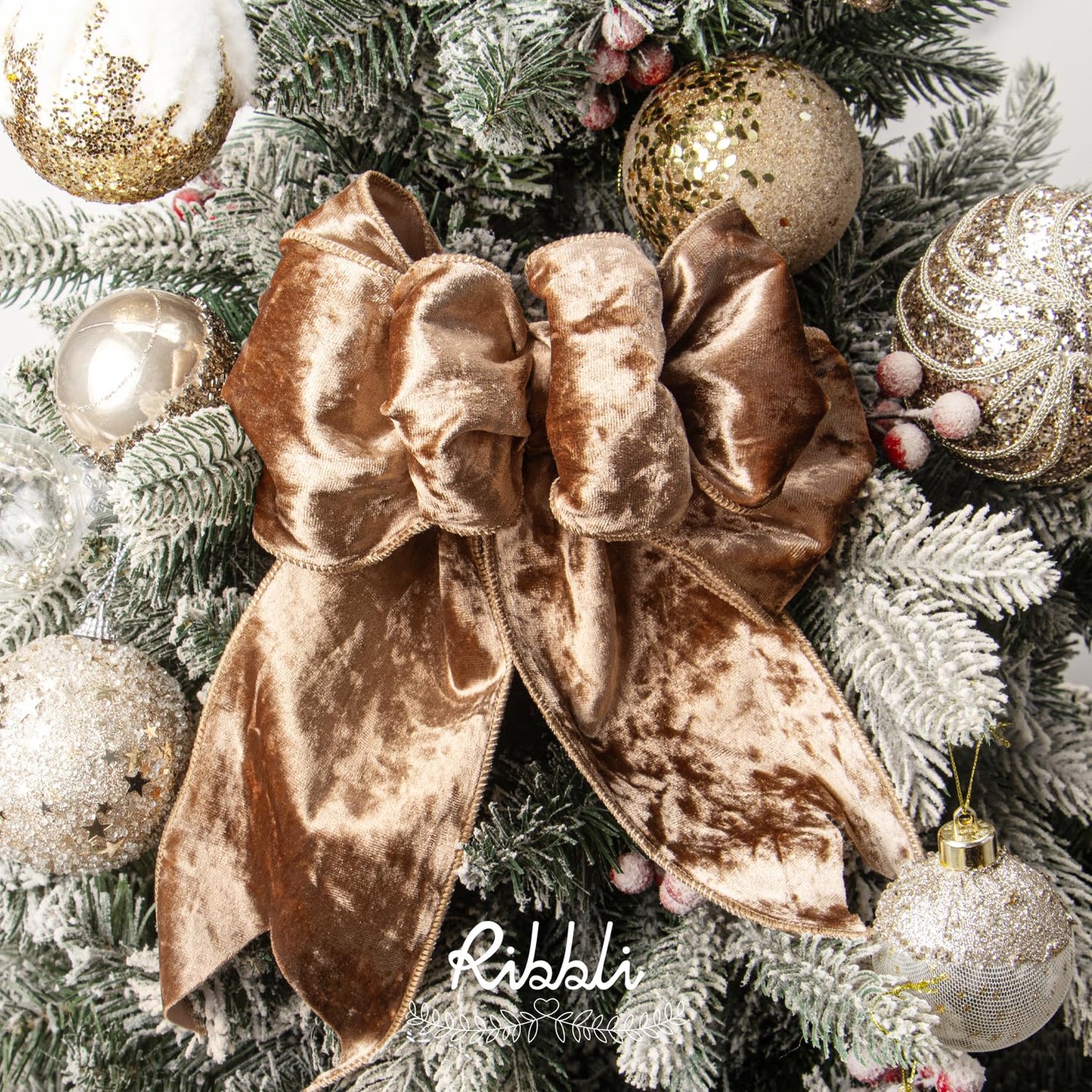 Ribbli Camel Velvet Wired Ribbon 4 Inch Crushed Velvet Christmas Ribbon for Gift Wrapping Christmas Tree Decoration Crafts Wreaths Supplies-Continuous 10 Yards