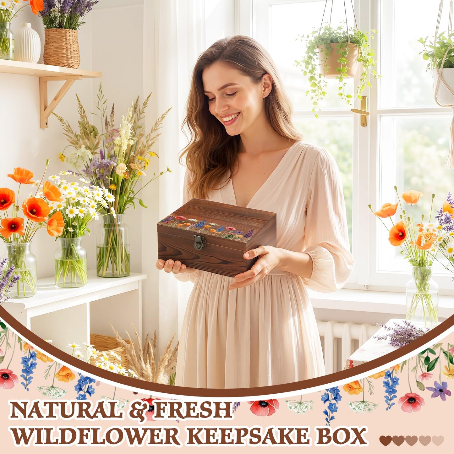 Gerrii Wildflower Wooden Keepsake Box Wedding Baby Shower Spring Flower Memory Storage Box with Buckle for Birthday Baby in Bloom Party(Wildflower Mix,Brown,11.02 x 8.86 x 4.92 Inches)