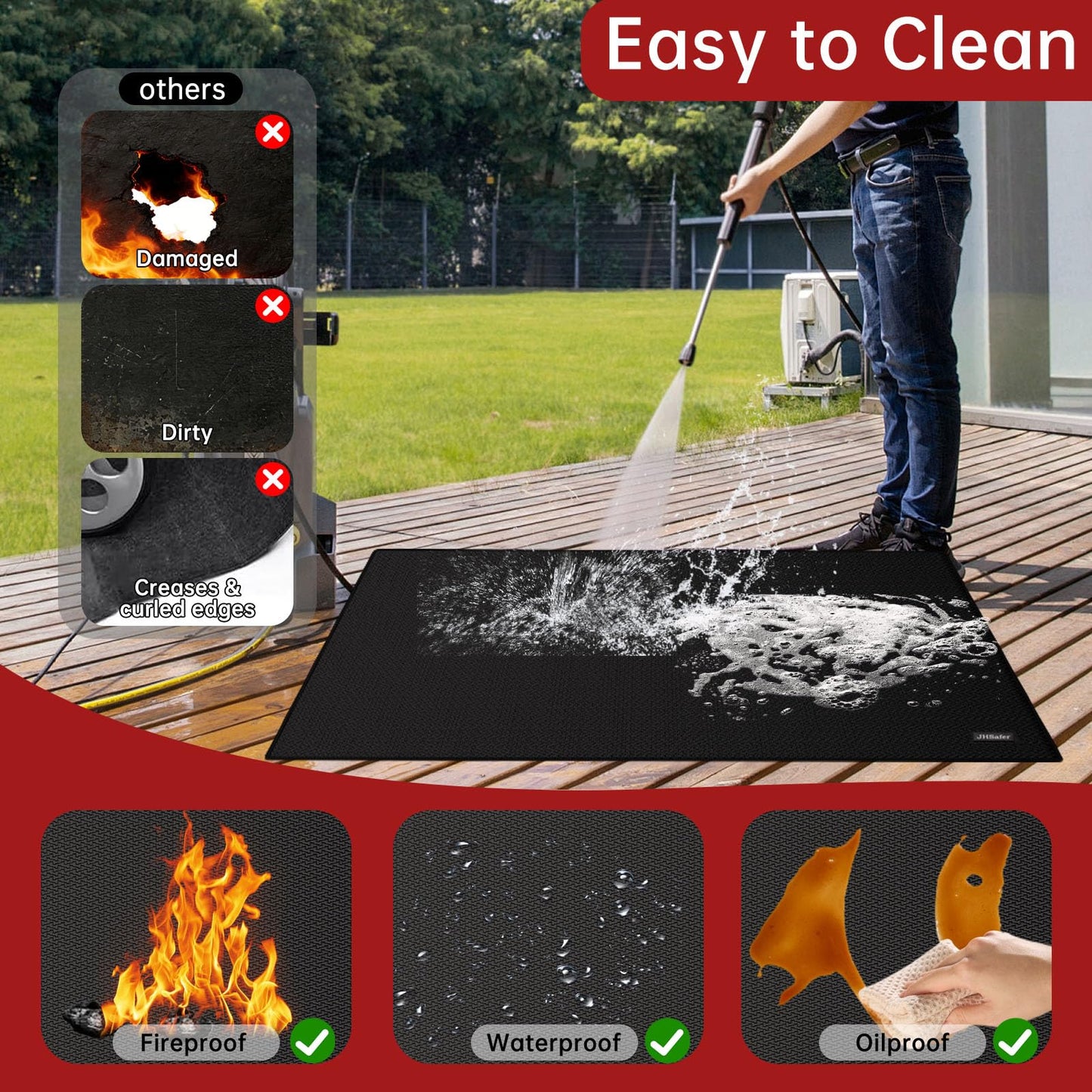 JHSafer Large 76" x 52" Under Grill Mat with 40" x 40" Fire Blanket, Double-Sided Fireproof Grill Pad for Outdoor Grill,Indoor Fireplace Fire Pit Mat, Waterproof Oilproof BBQ Mat for Deck Patio Lawn