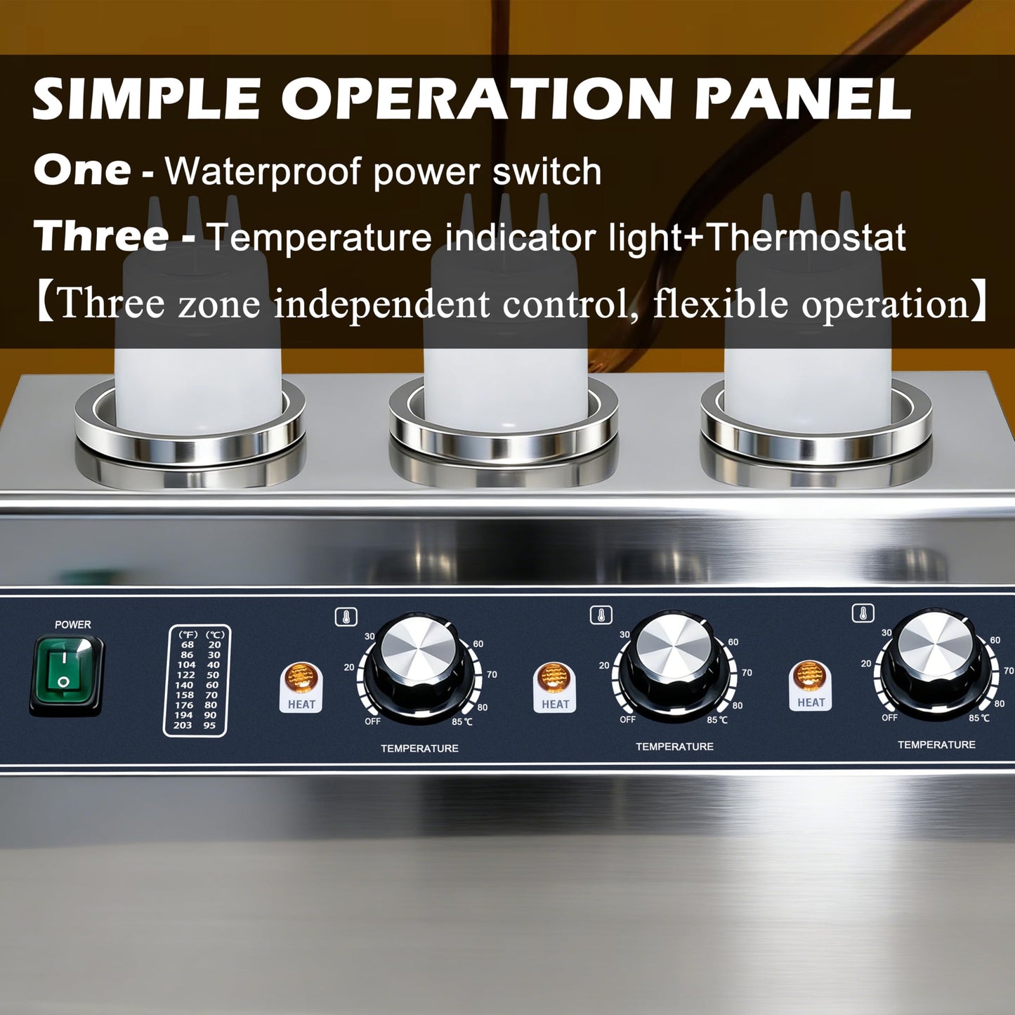 Premium Sauce Warmer - 3-Station 160W Commercial-Grade Condiment Warmer with Independent Temperature Control, Stainless Steel