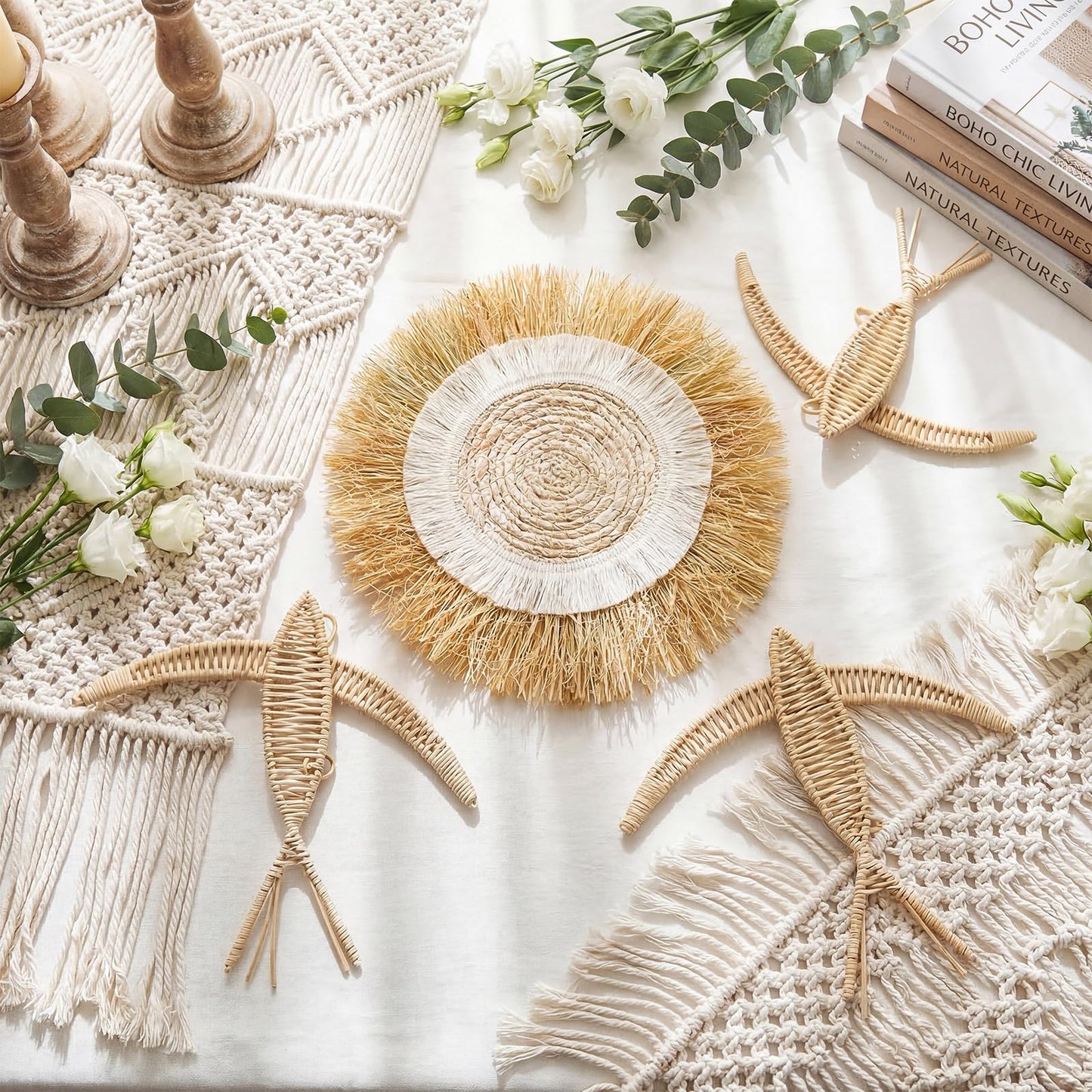 Chumia 4 Pcs Boho Wall Basket Decor Bohemia Woven Wicker Bird and Raffia Sun Jute Decor Boho Handmade Hanging Wall Art Rustic Jute Home Wicker for Indoor Bedroom Living Room Wedding Housewarming Gift