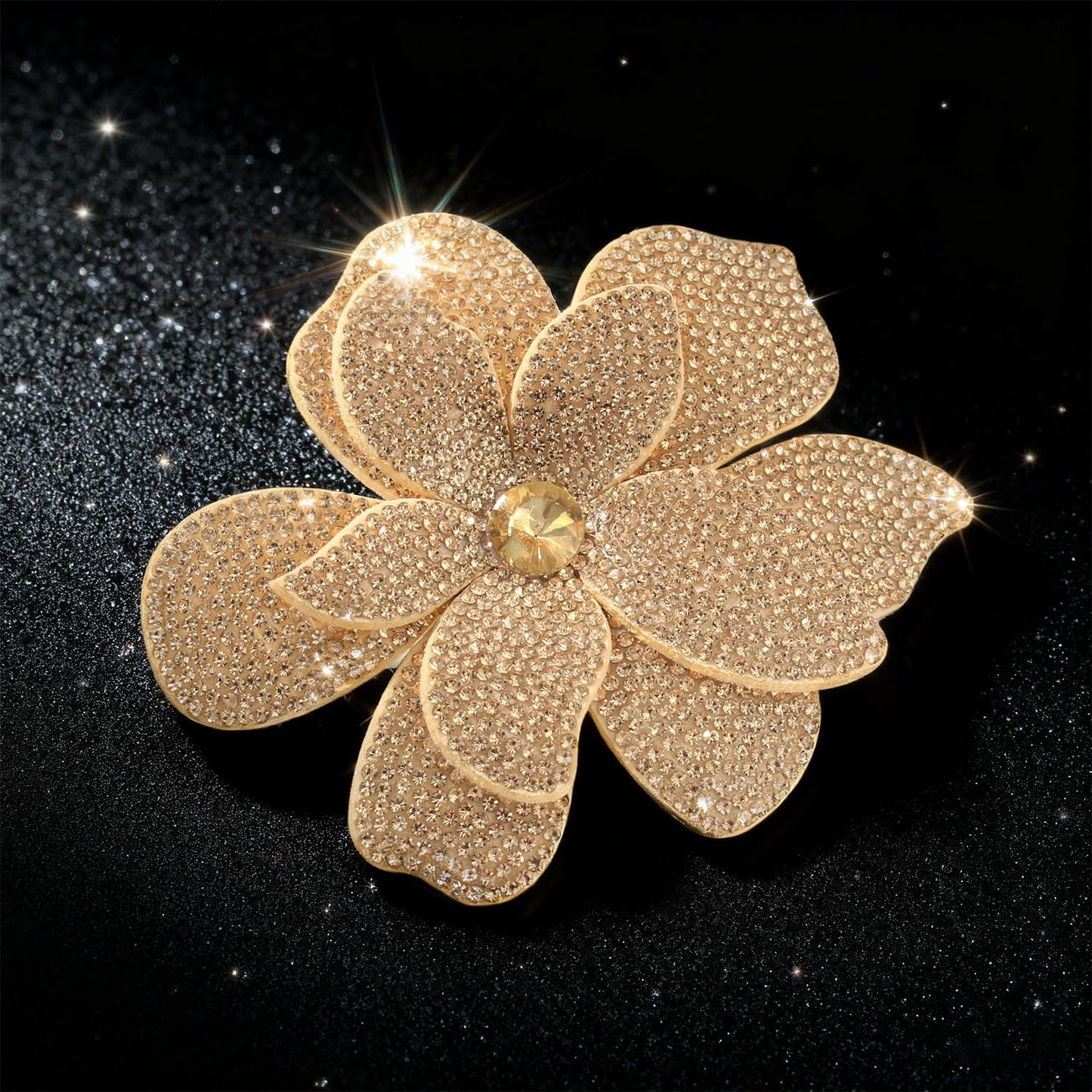 Merdia 3.74 Inches Rhinestone Camellia Flower Brooch Pins & Hair Clips for Women Elegant Created Crystal Lapel Pin Brooches Wedding Party Champagne