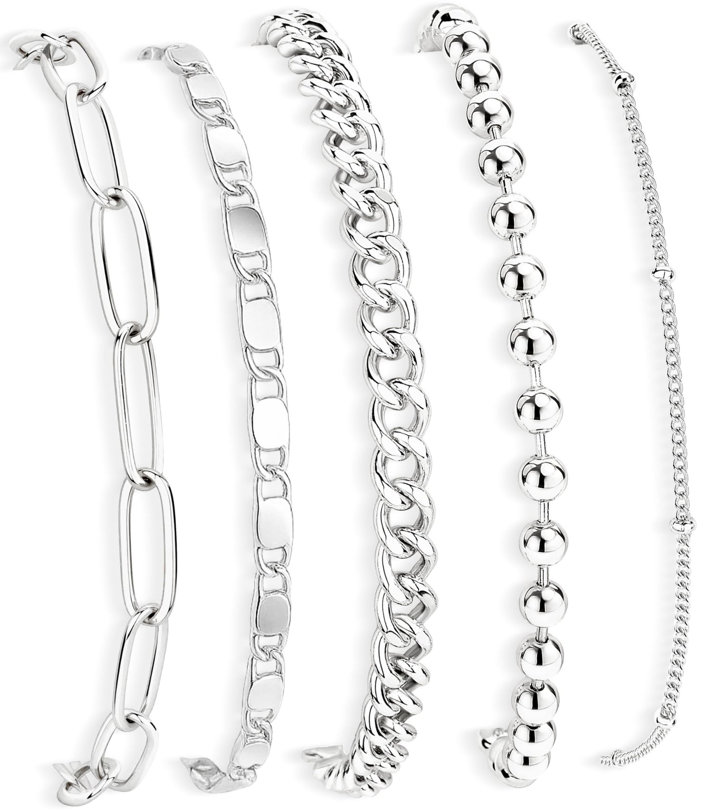 Poxtex Silver Bracelets for Women, Dainty Sterling Silver Bracelets for Women Trendy, Silver Stackable Bracelets Waterproof Jewelry for Women, Classic & Simple Bracelet Set with Cuban Paperclip Figaro
