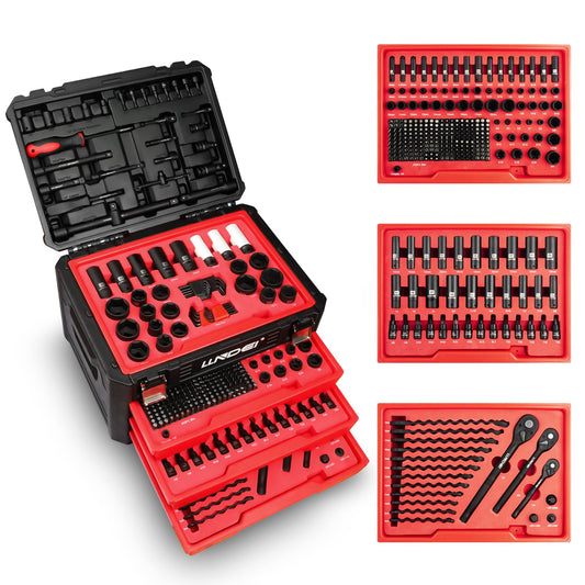 LLNDEI Mechanics Tool Set and Socket Set, 1/4" 3/8" 1/2" Drive Deep and Standard Sockets 12 Point, 390 Pcs SAE and Metric Mechanic Tool Kit with Bits, Combination Wrench