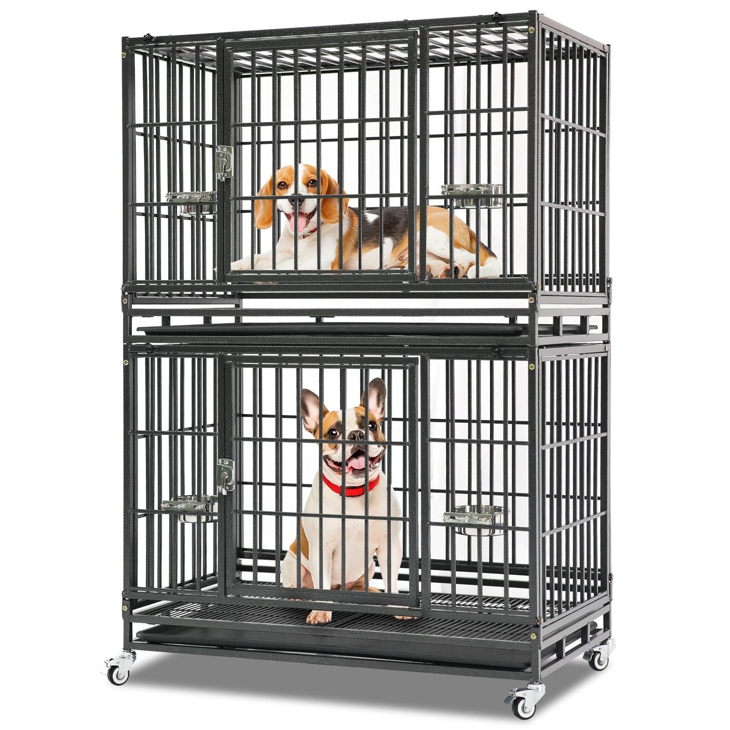 Homey Pet 37 Inch Stackable Heavy Duty Dog Crate Cage Kennel with Feeding Bowls, Lockable Wheels and Removable Tray, Escape Proof Wire Drop Dog Crates for Medium Dogs (Two Tiers)